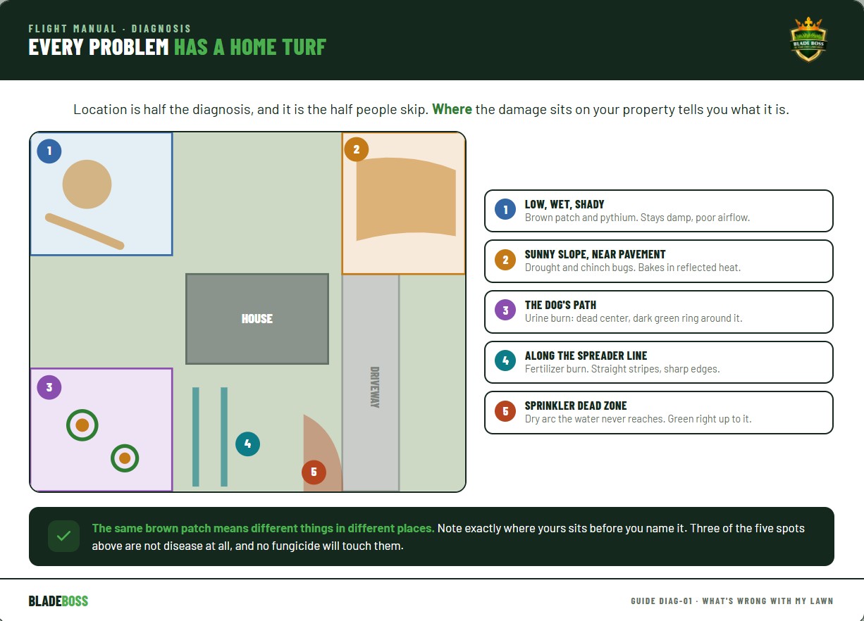 Diagram of a property showing where each lawn problem appears: brown patch and pythium in low wet areas, drought and chinch bugs on sunny slopes, dog urine rings along the dog path, fertilizer burn along spreader lines, and dry patches in sprinkler dead zones