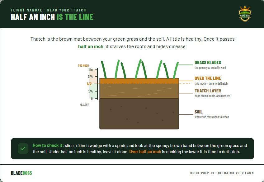 Cross-section diagram of a lawn showing green grass blades, the brown thatch layer, and soil below, with a ruler marking the half-inch dethatching threshold