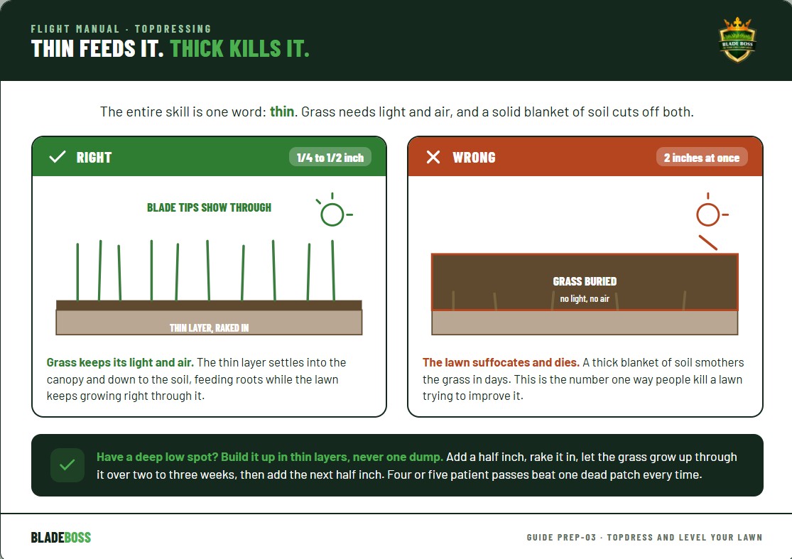 Diagram showing correct thin topdressing depth with grass blades poking through versus a too-thick layer that buries and suffocates the lawn