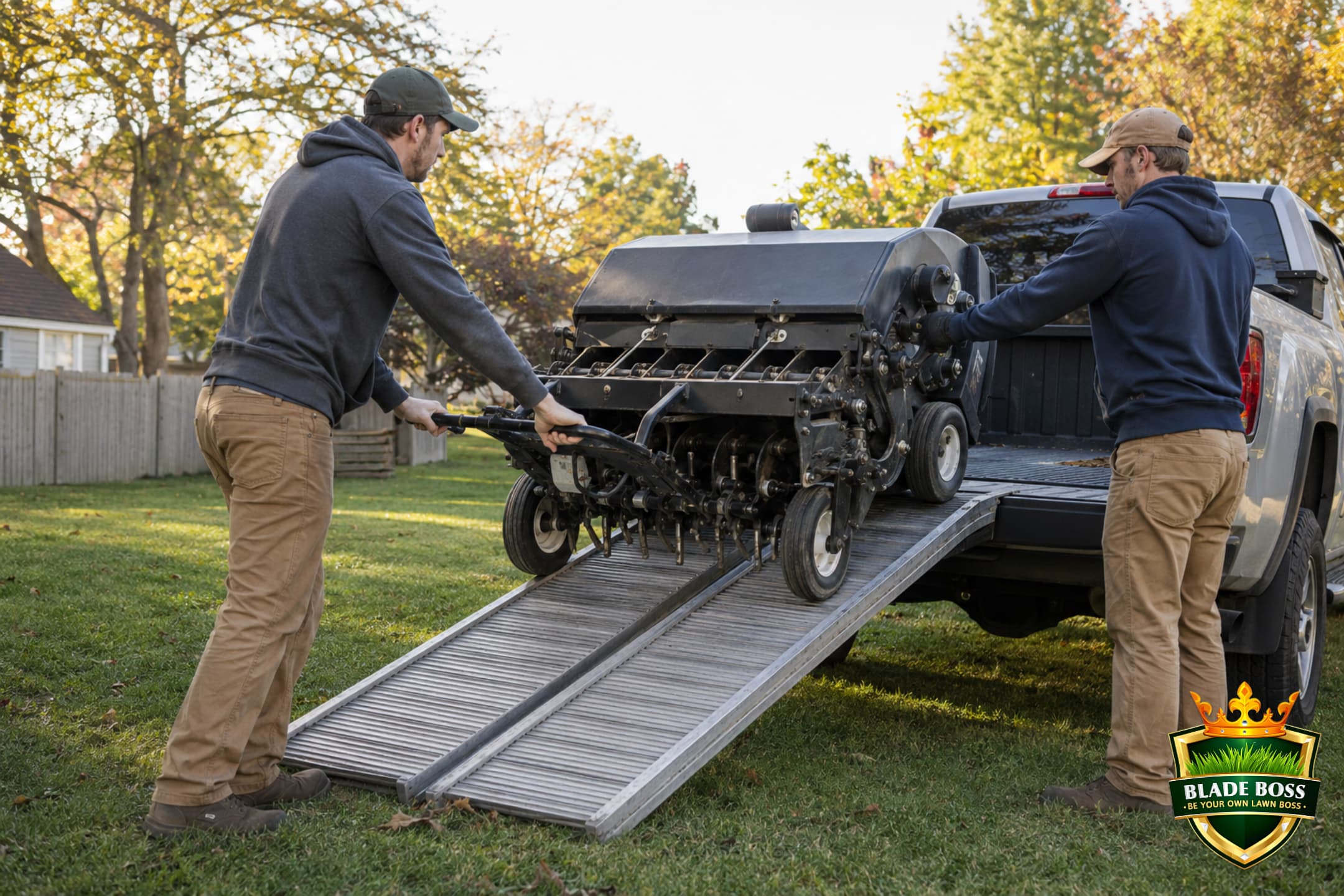 Two people loading a heavy walk-behind core aerator up a metal ramp into a pickup truck bed