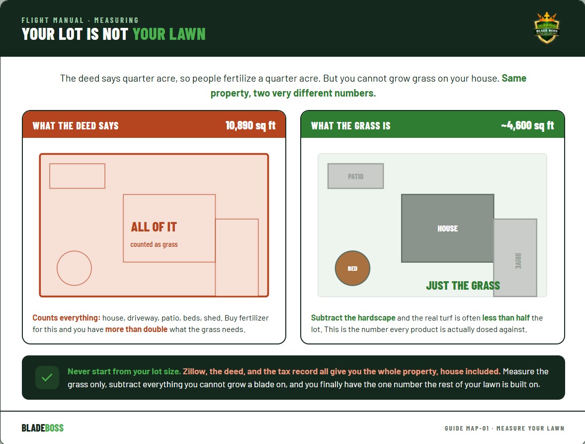 Diagram comparing total lot size to actual lawn square footage after subtracting the house, driveway, patio, and garden beds
