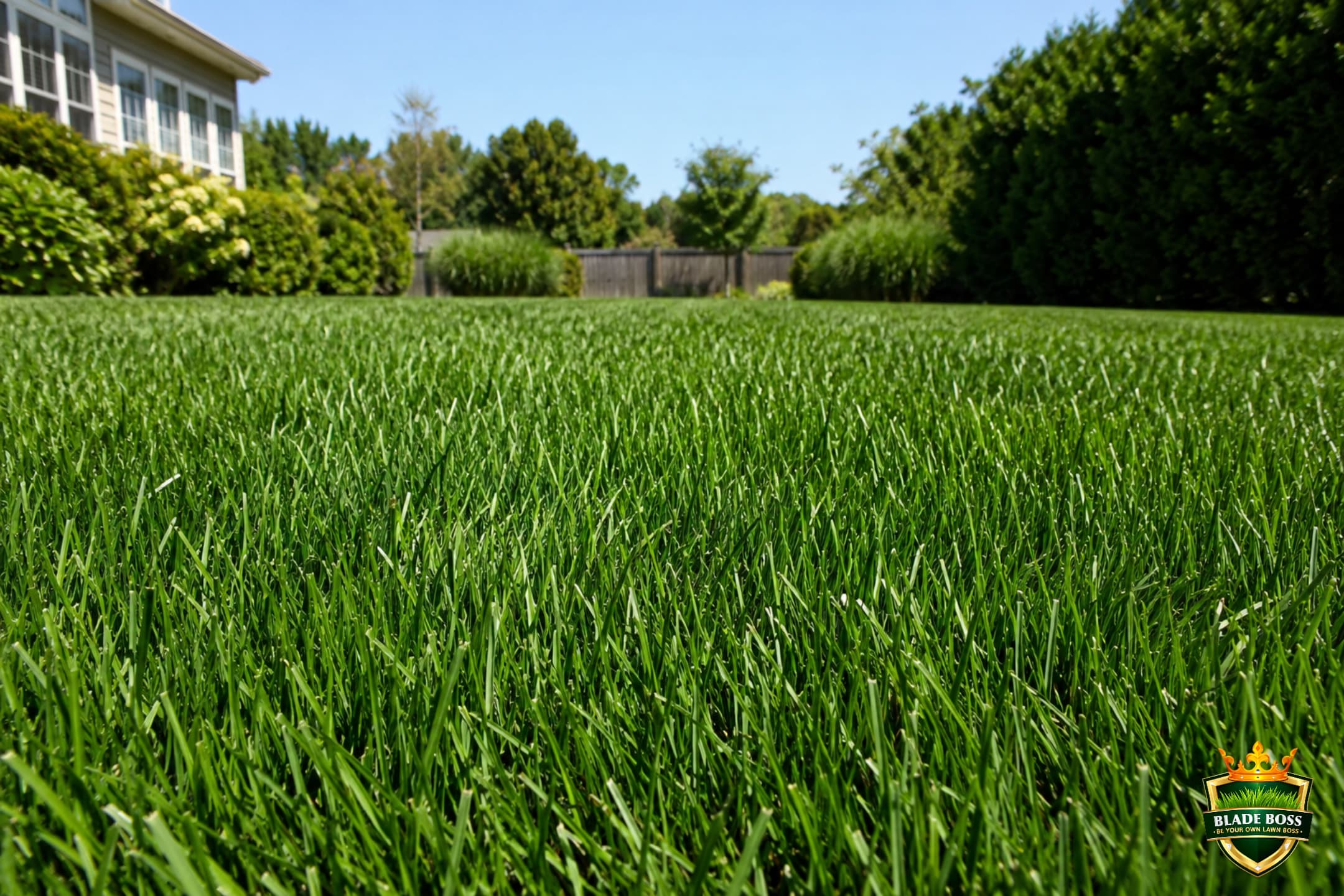 A lush tall-cut green lawn thriving in bright summer light, standing thick and upright
