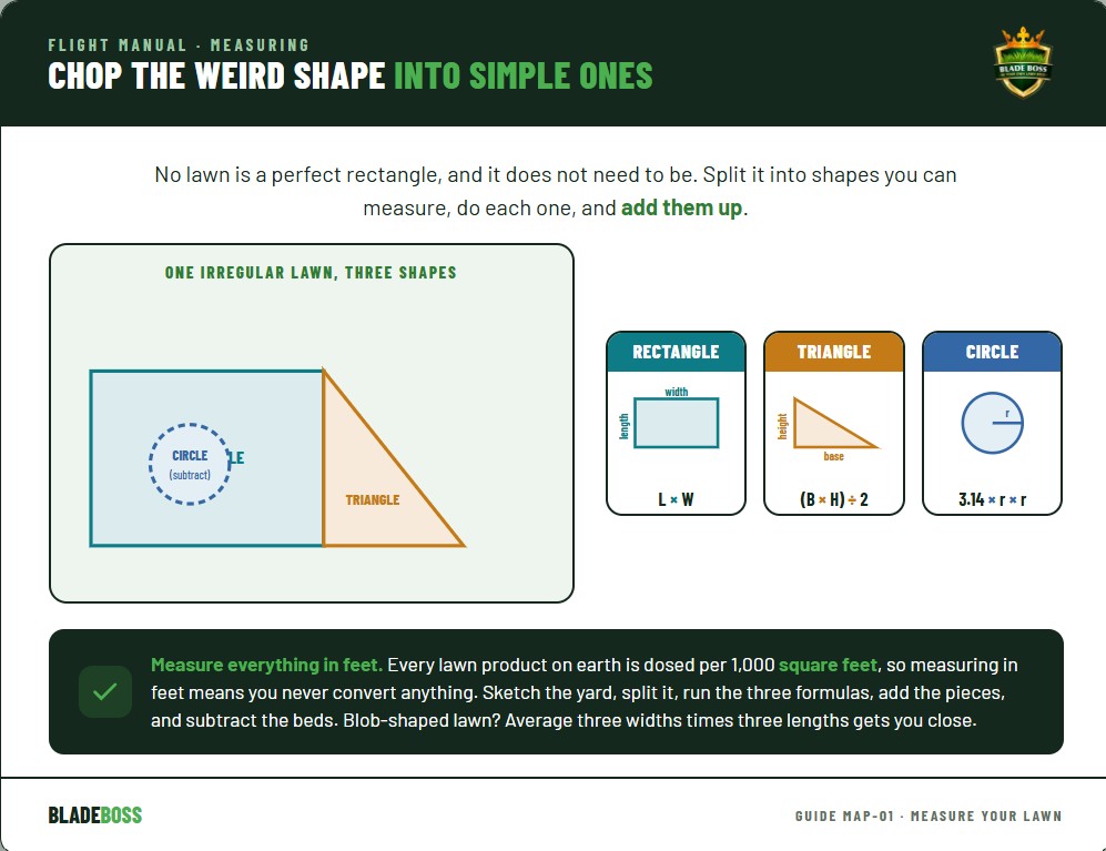 Diagram showing how to divide an irregularly shaped lawn into rectangles, triangles, and circles with the area formula for each shape