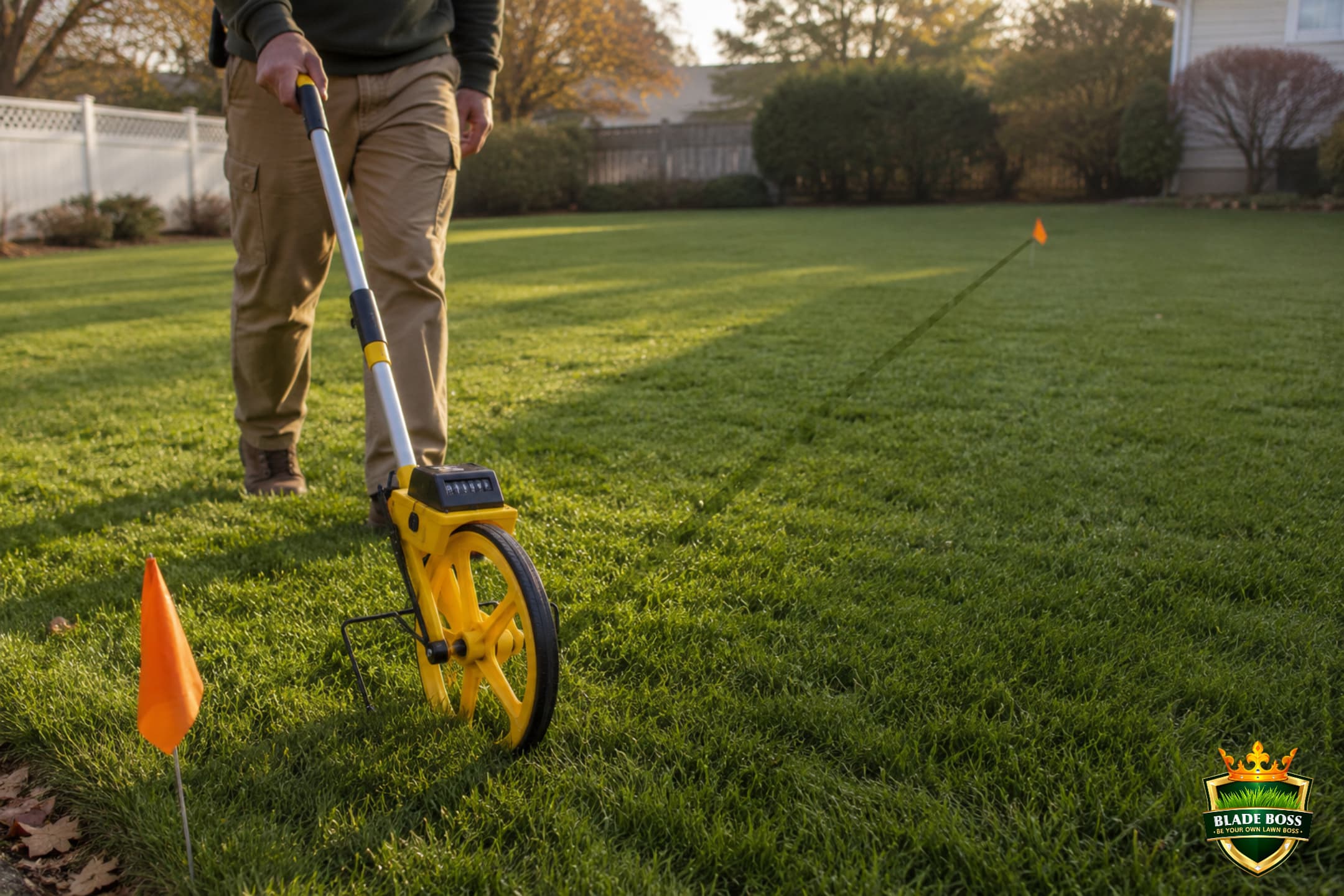 Person walking a measuring wheel across a lawn between orange marking flags to measure square footage