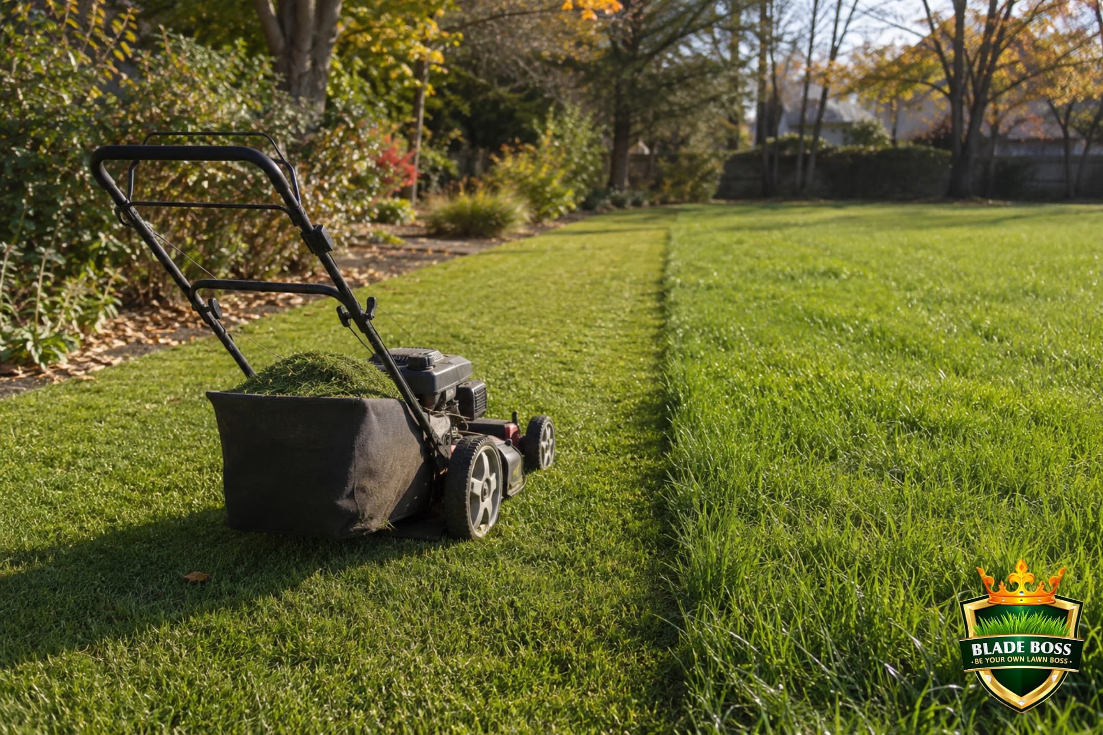 Lawn mowed short with a bagger attached before dethatching, showing the low cut height