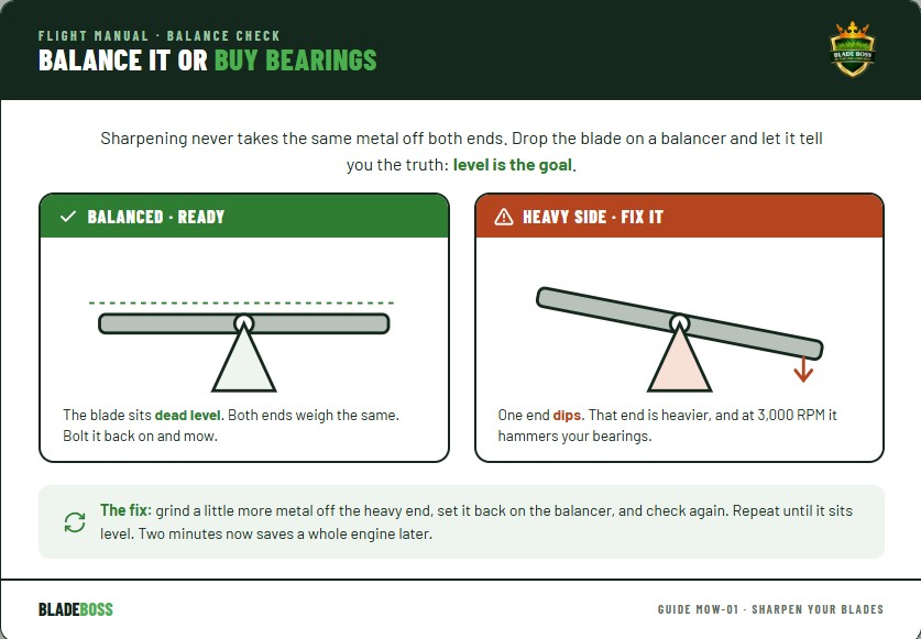 Diagram showing a mower blade on a cone balancer, one panel level and balanced, one panel with the heavy side dipping down, with a note to grind a little more off the heavy end until the blade sits level