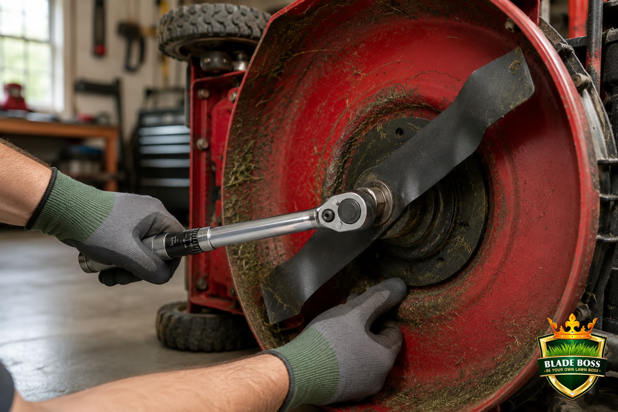 A click-type torque wrench tightening the center blade bolt on the underside of a walk-behind lawn mower with gloved hands and the blade held steady