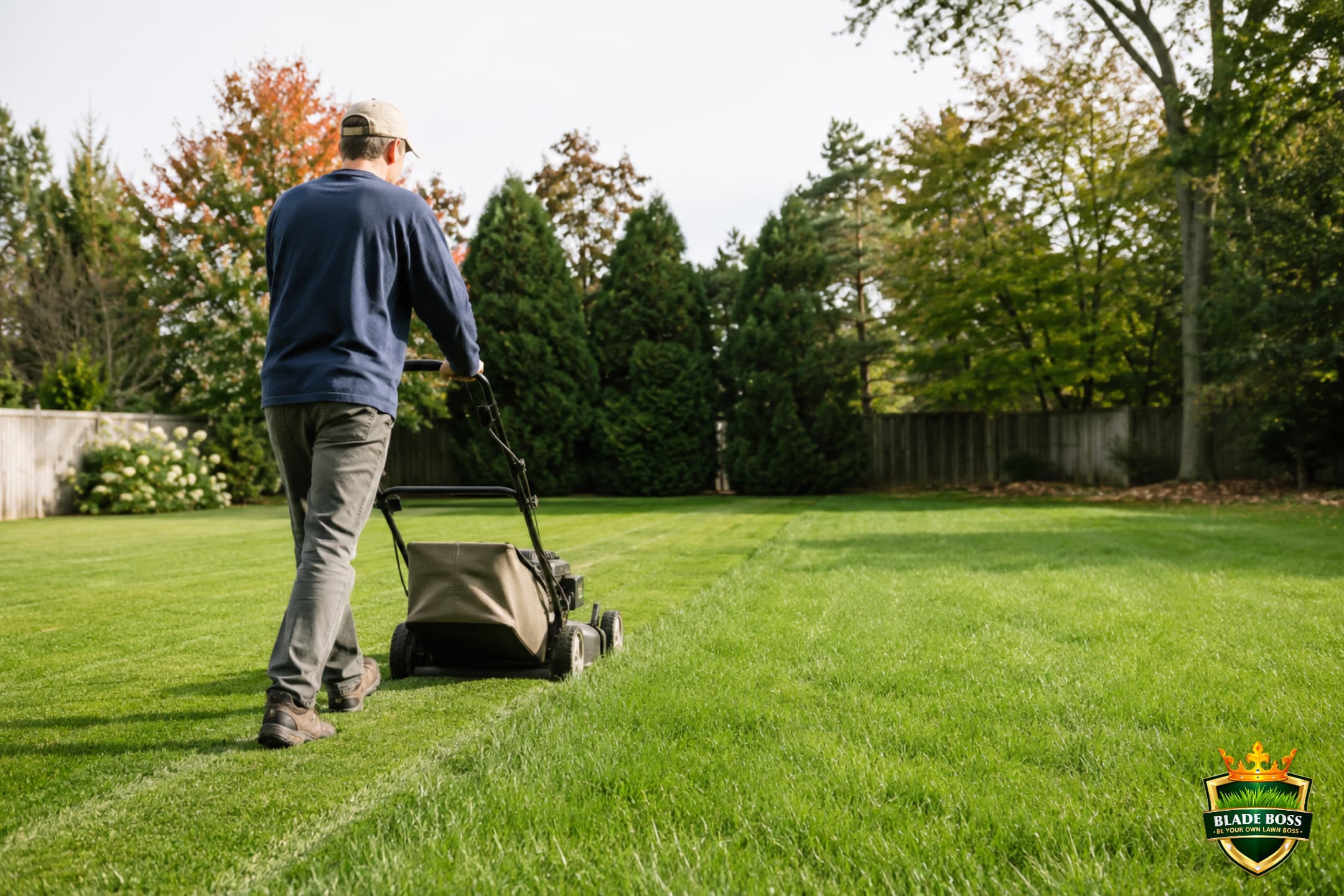 A person mowing a dry green lawn with a walk-behind mower leaving a crisp even cut line and no clumping