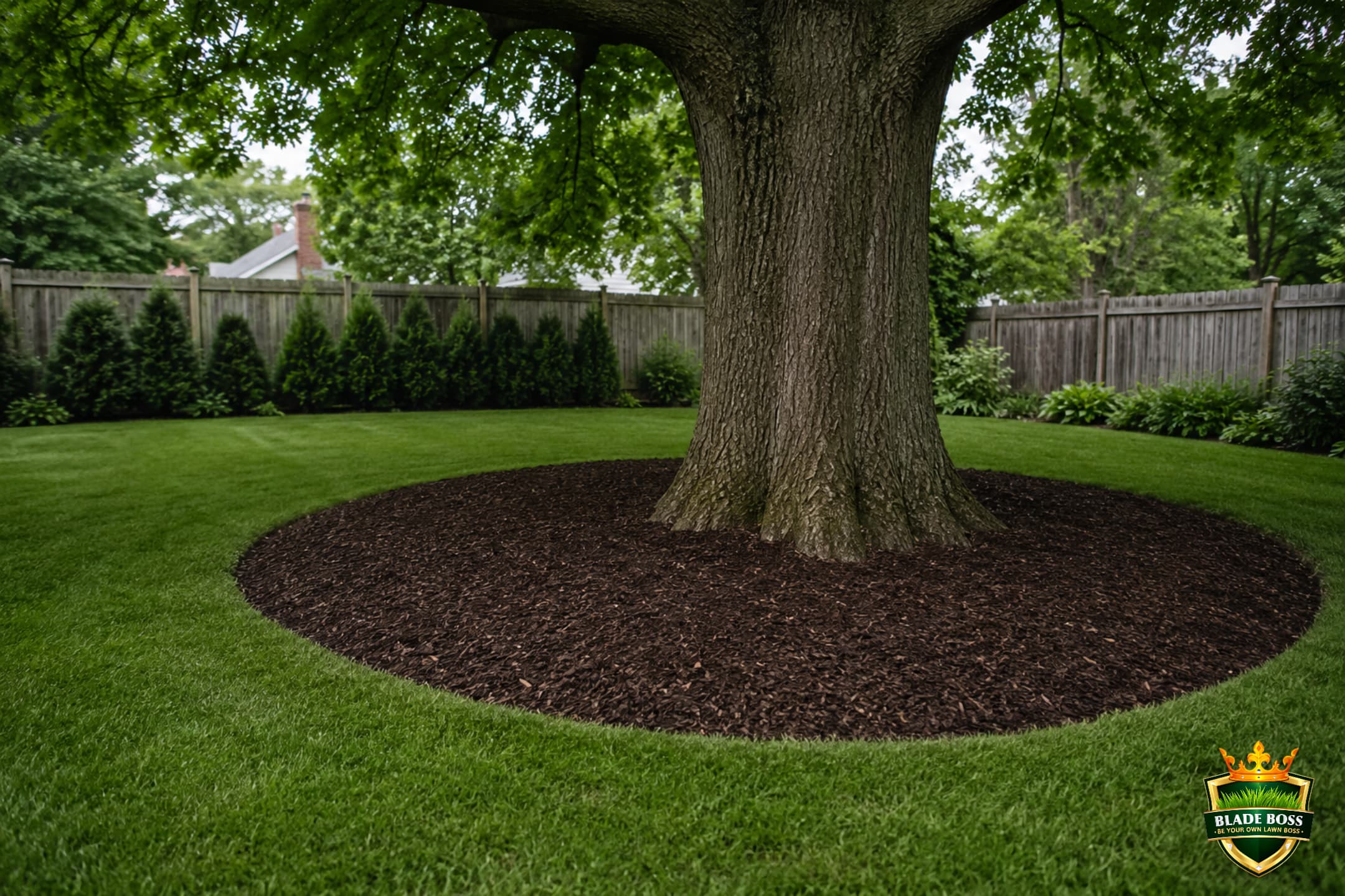 A tidy circular mulched bed around the base of a large shade tree with a clean edge against the surrounding lawn