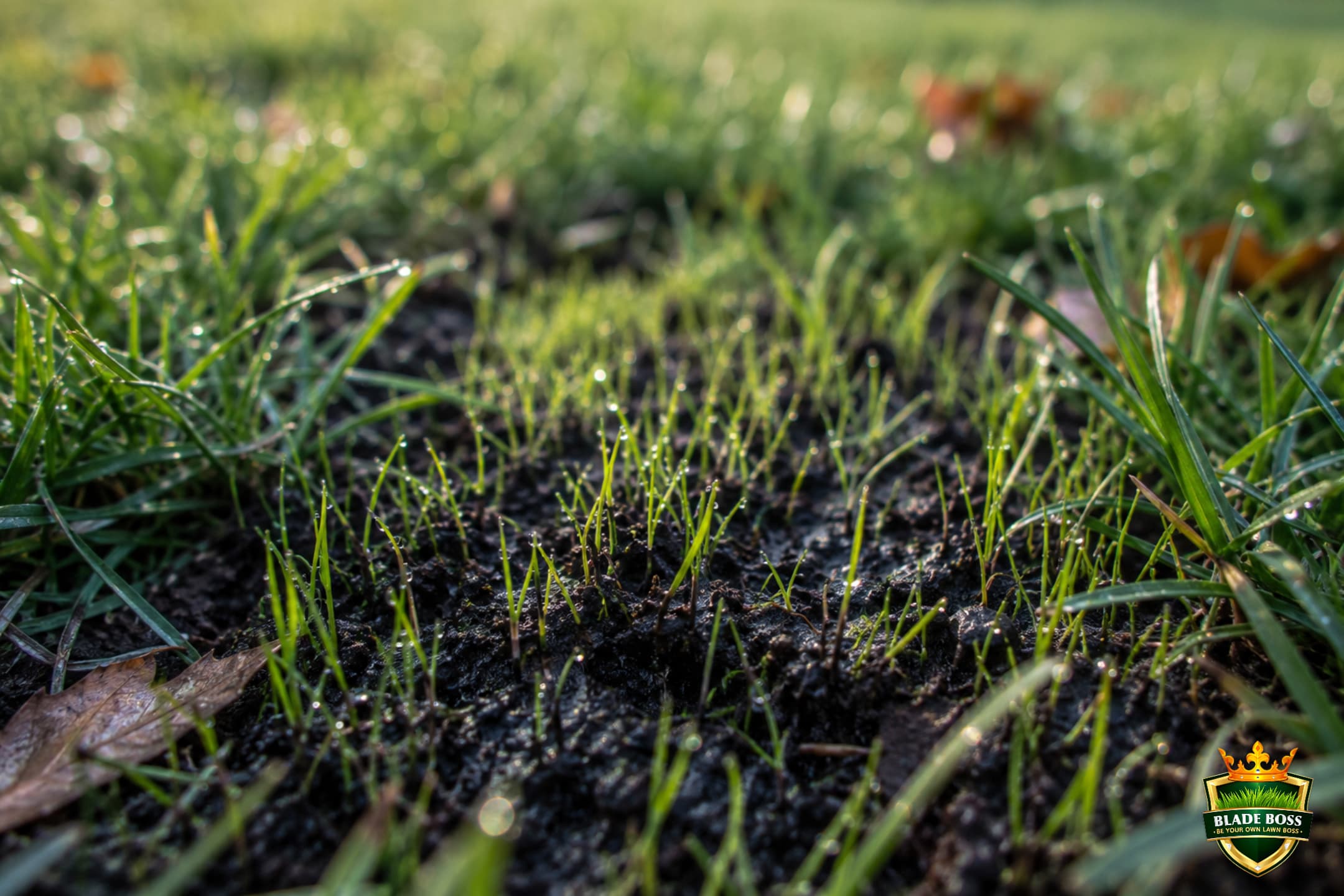 New bright green grass seedlings emerging from dark soil among established turf after overseeding