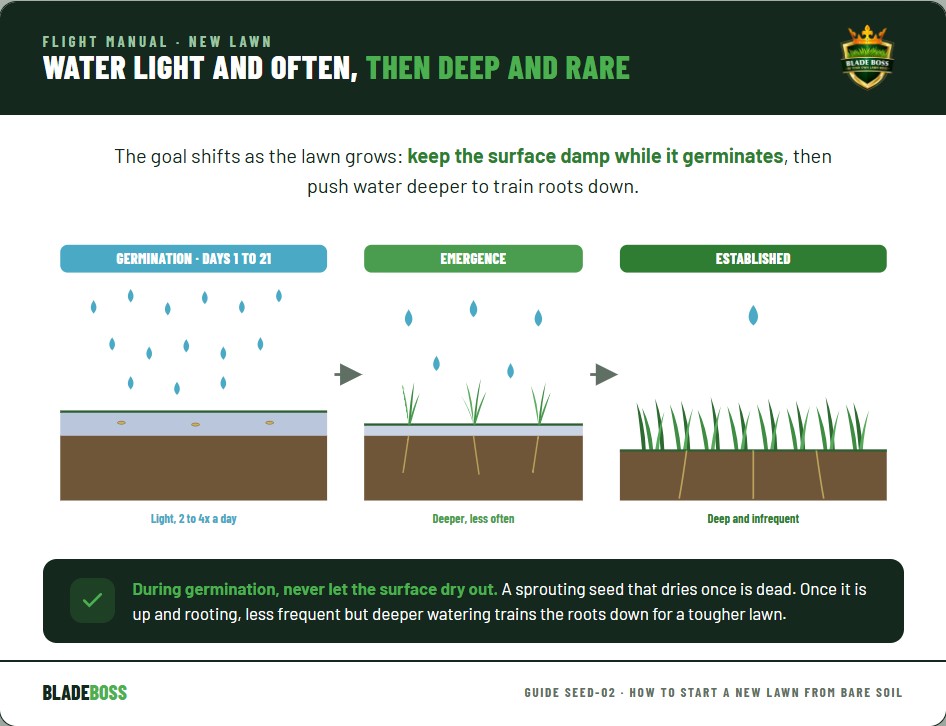 Timeline diagram of a new lawn watering schedule showing frequent light watering two to four times a day during germination in the first two weeks, transitioning to deeper less frequent watering as seedlings establish, then to normal deep infrequent watering once the lawn is established