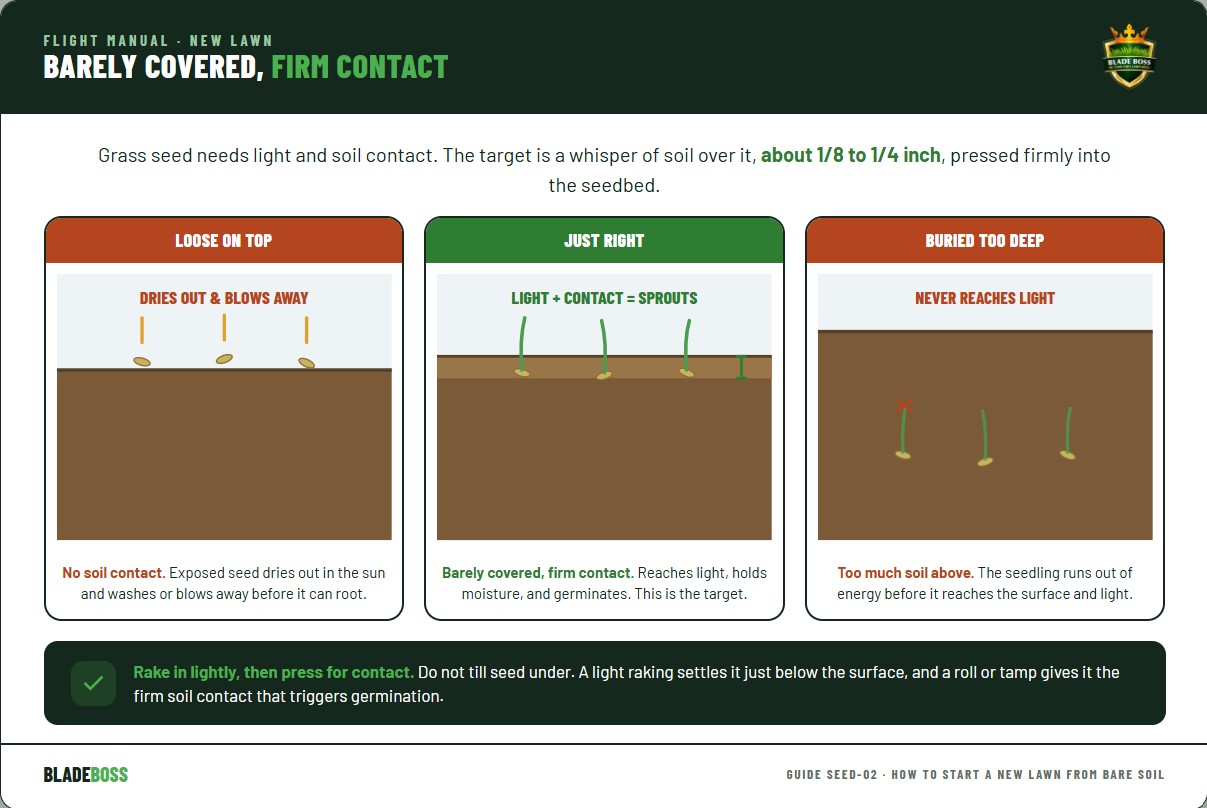 Diagram showing correct grass seed planting: seed sitting in the top eighth to quarter inch of soil with firm soil contact and barely covered, versus too deep buried seed that cannot reach light and seed left loose on the surface that dries out and does not germinate