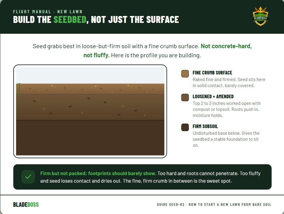 Cross-section diagram of a properly prepared seedbed showing the fine firmed surface crumb layer, loosened amended topsoil worked with organic matter, and the firm subsoil below, versus a poor seedbed that is either compacted hard or too loose and fluffy