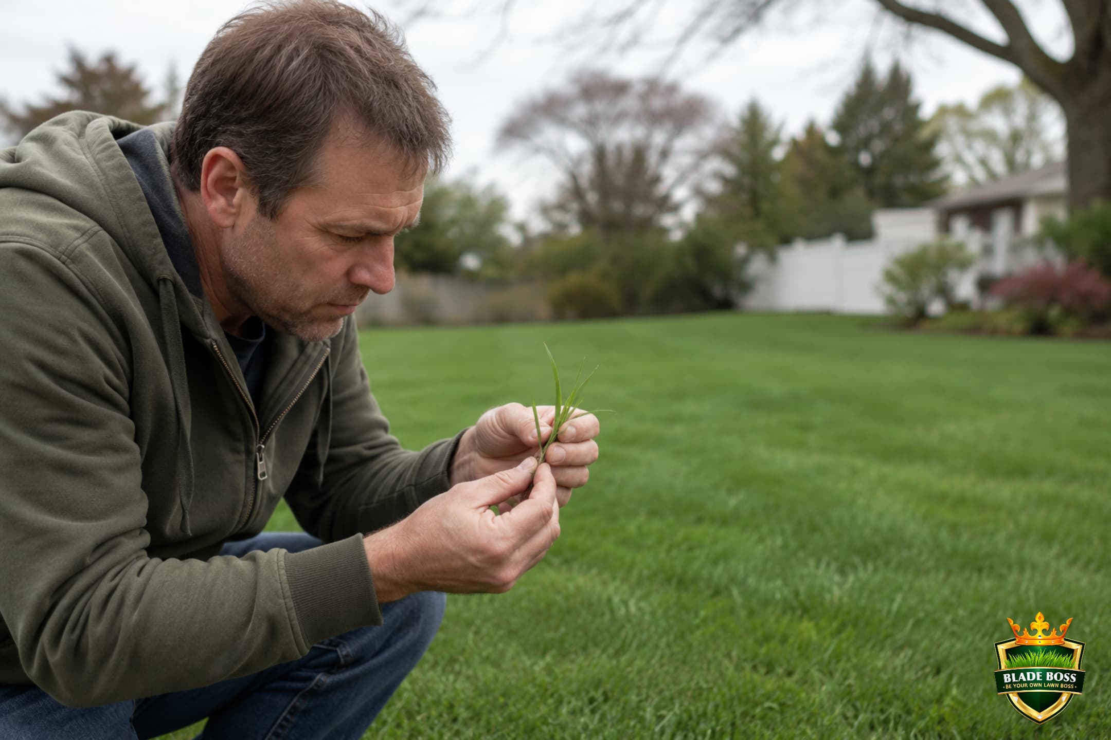 A person kneeling on a lawn examining a few pulled grass blades up close to identify the type