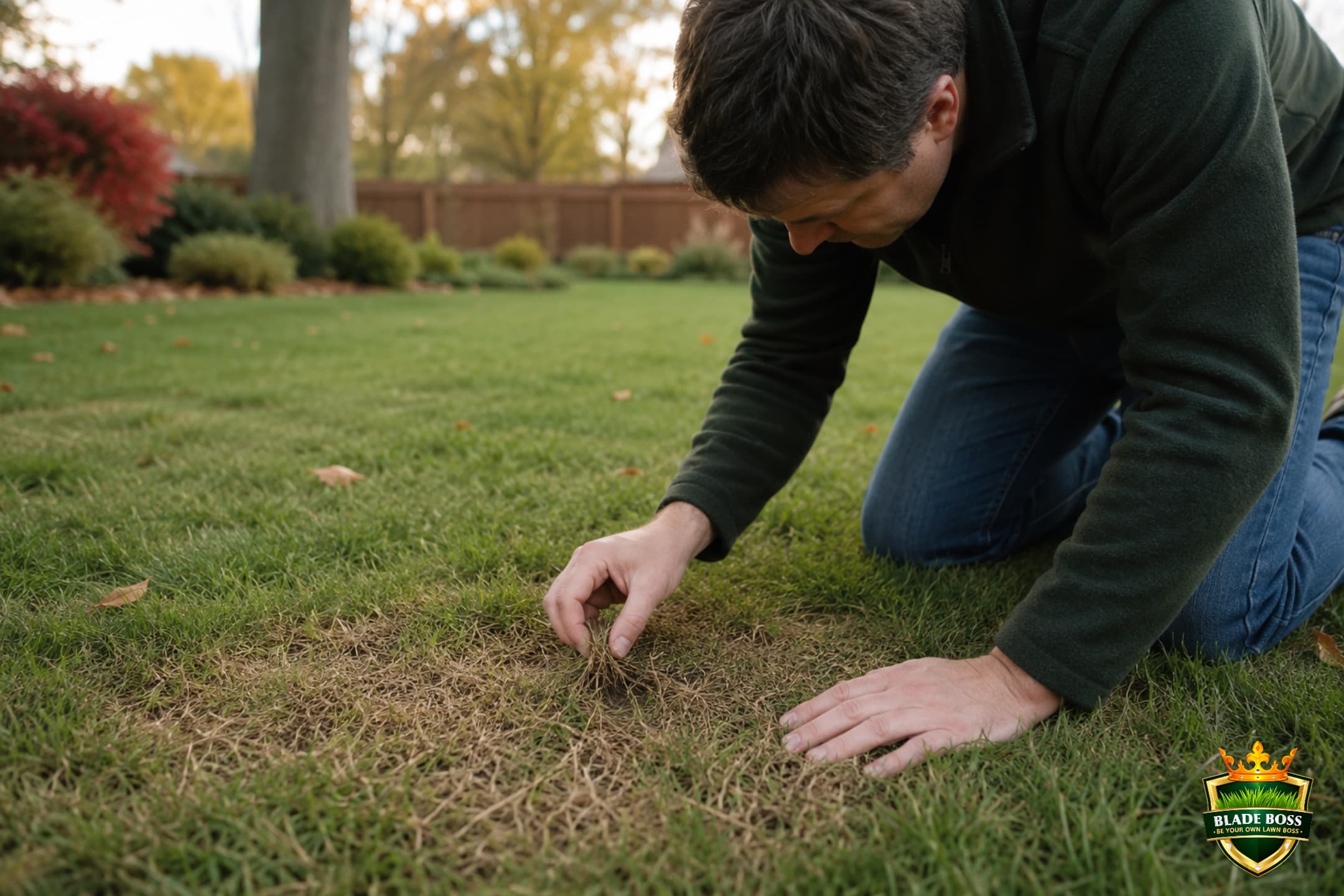 A person kneeling on a lawn parting the grass to examine blades and soil at the edge of a brown patch, diagnosing methodically