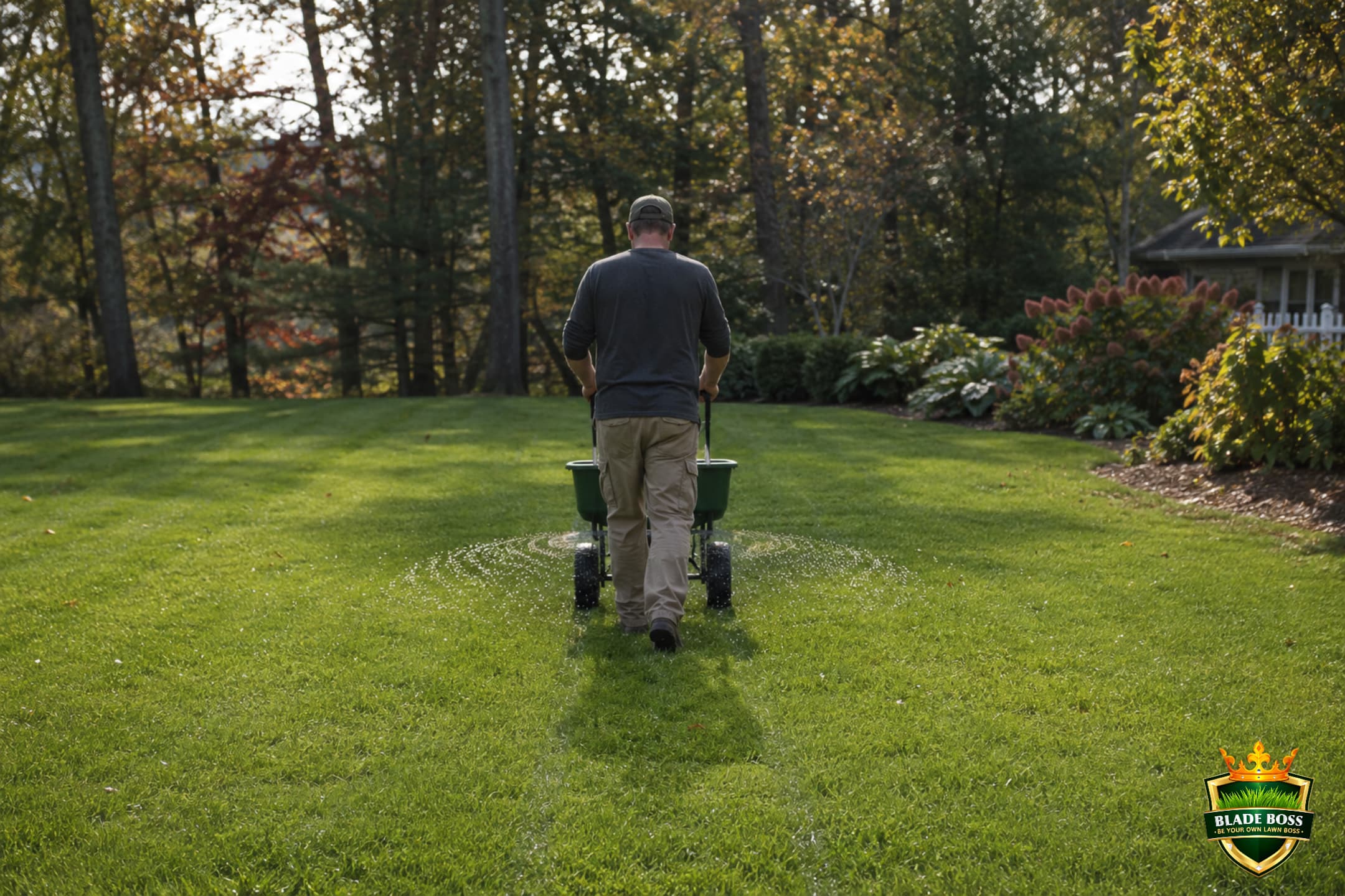 Person pushing a broadcast spreader in a straight line across a green lawn spreading fertilizer granules evenly