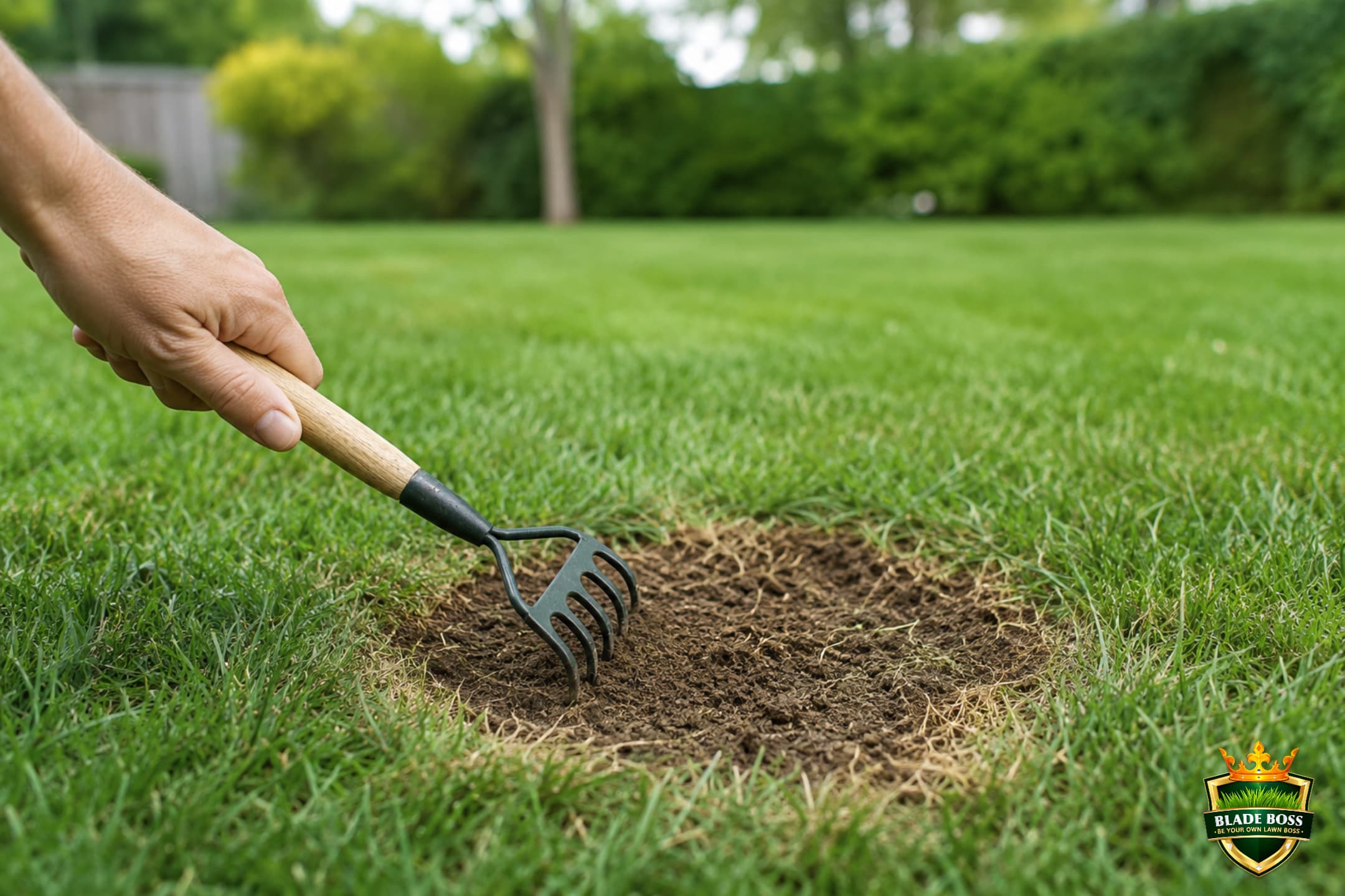 A hand raking out a round dead brown dog-urine spot in a lawn and loosening the soil to prepare it for reseeding