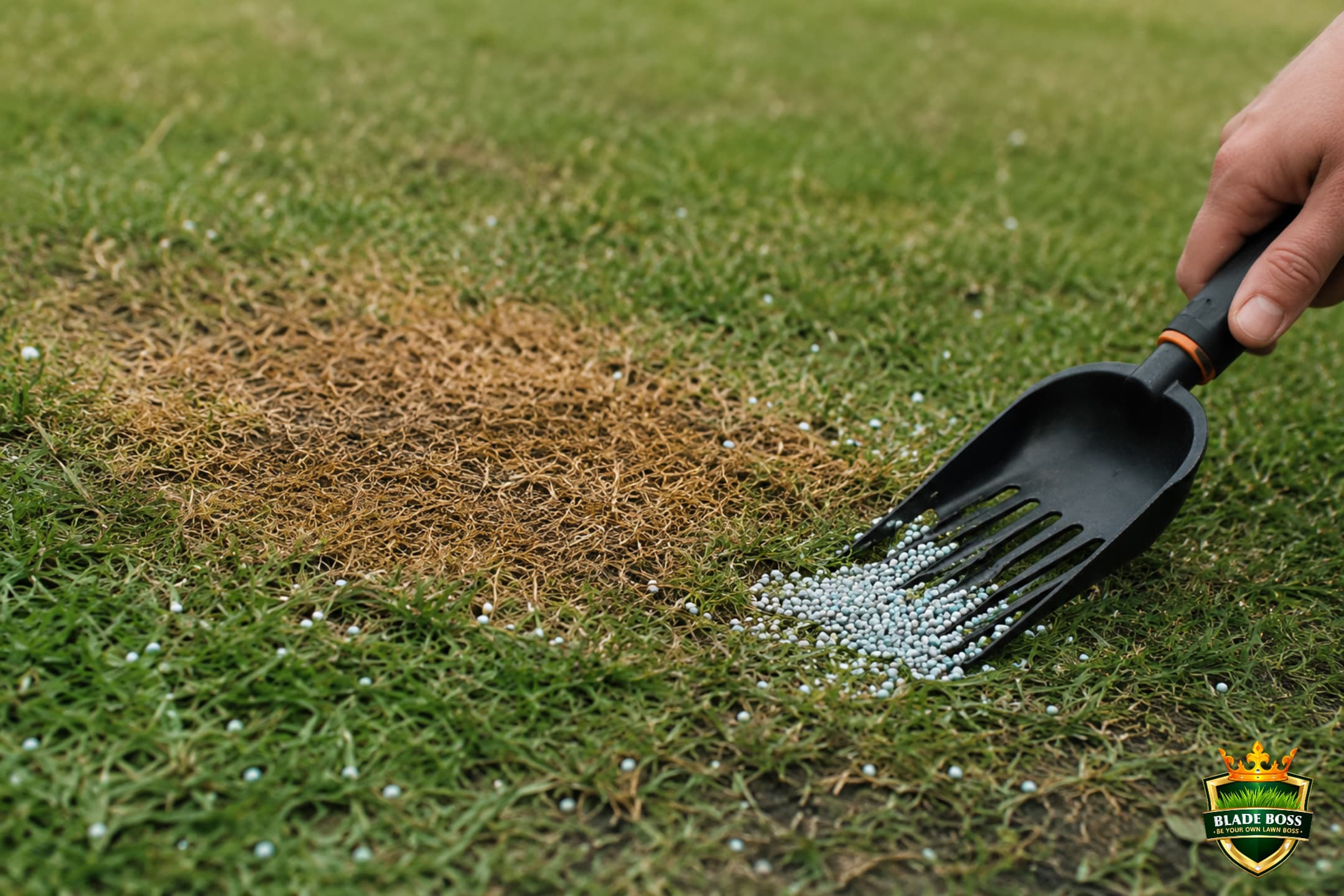 A close-up of fertilizer granules on a lawn beside a yellowed burned patch, a hand gently gathering the excess granules off the grass