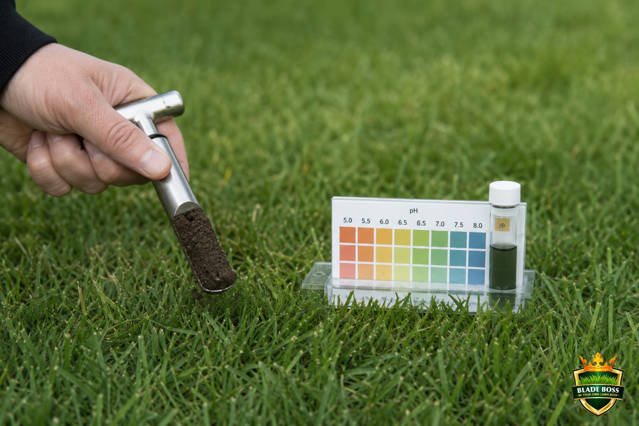 A hand holding a soil probe with a soil plug beside a simple pH test on a healthy lawn, retesting months after correction