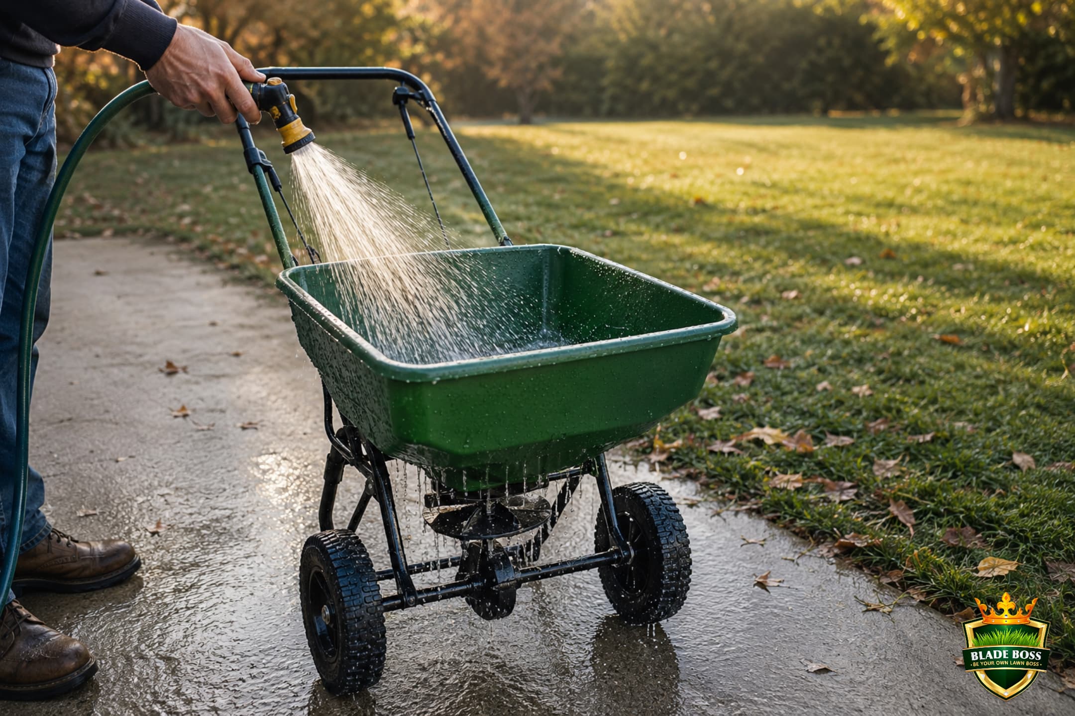 Broadcast spreader being rinsed clean with a garden hose after use, empty hopper with water running through