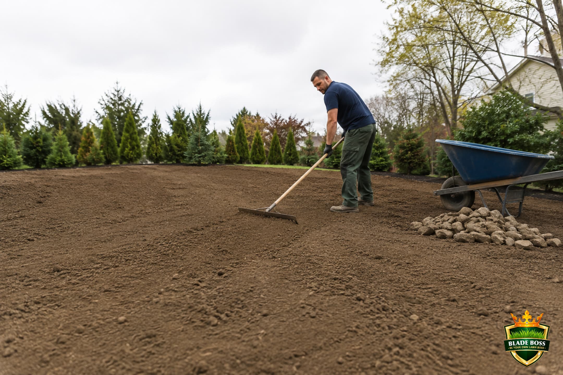 A person using a landscape rake to rough-grade and smooth bare brown soil into an even surface sloping gently away, rocks removed nearby