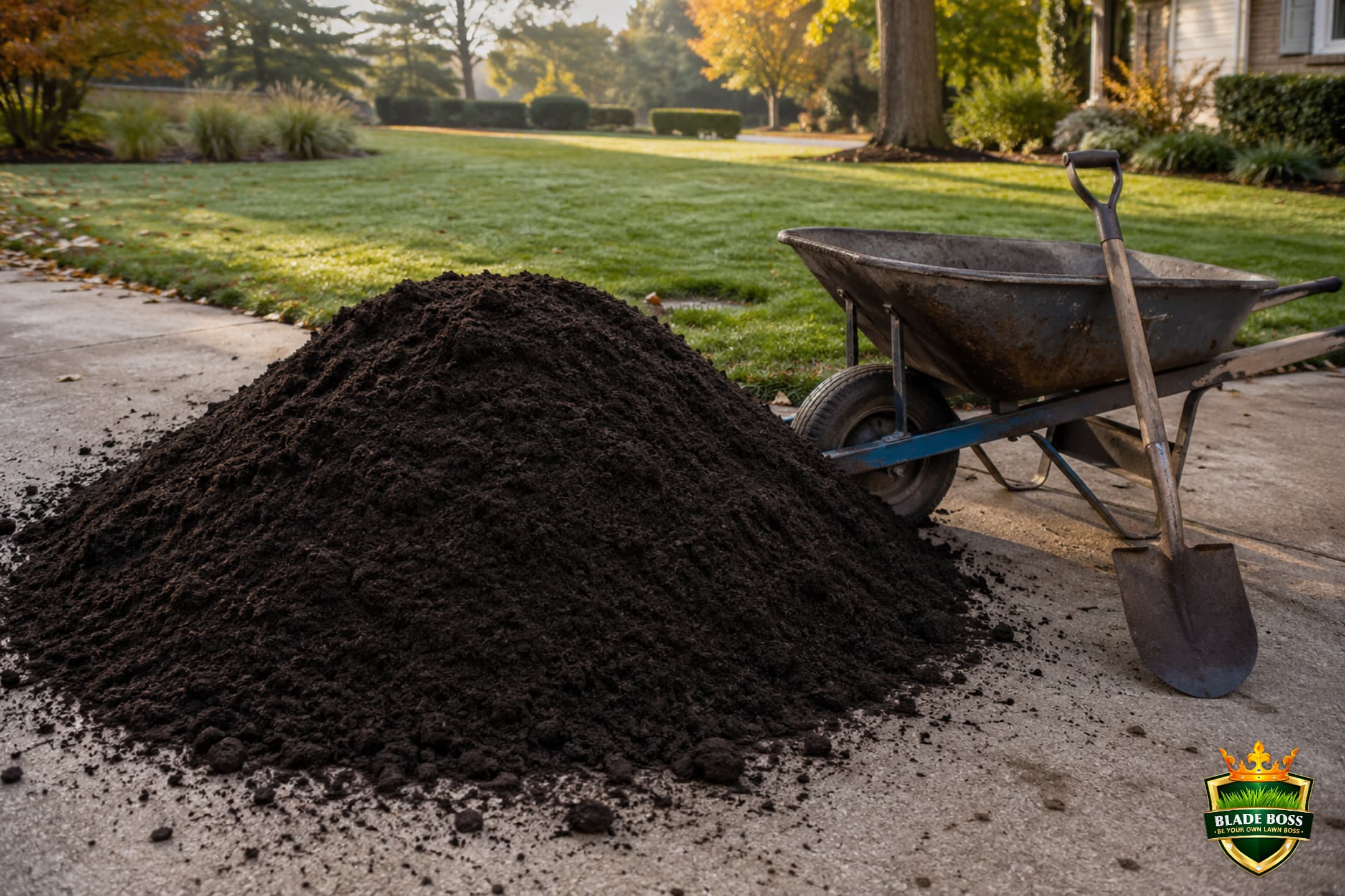A pile of dark screened topsoil and compost mix delivered on a driveway with a wheelbarrow and shovel