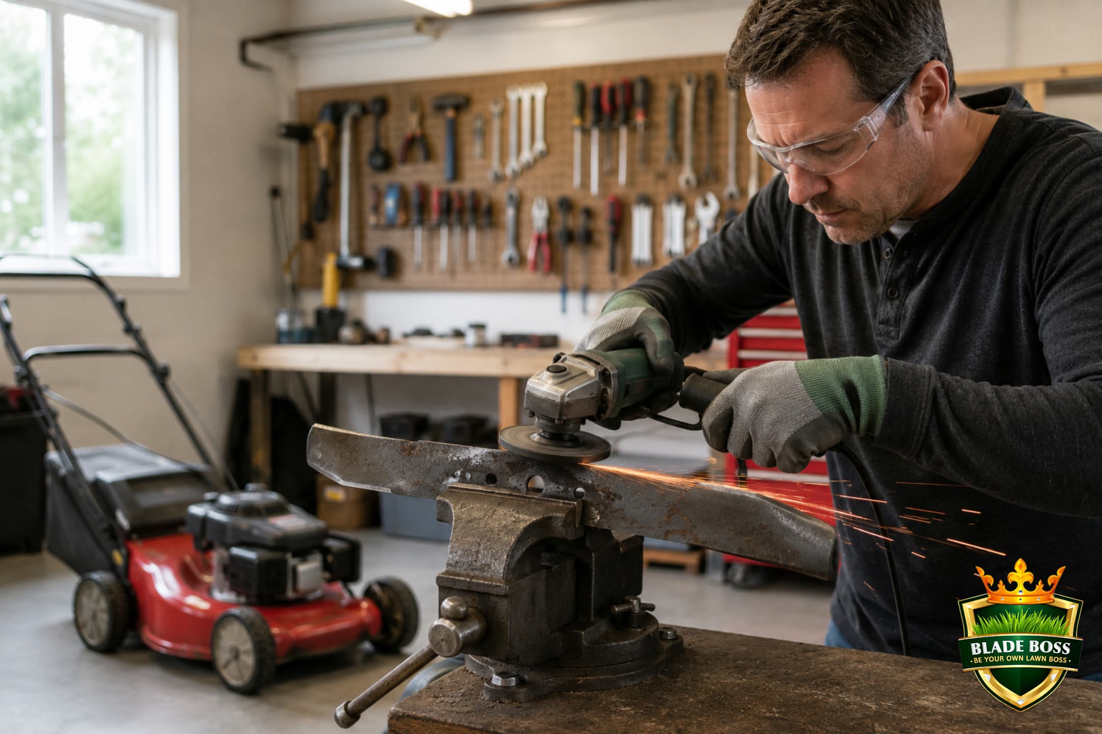 A mower blade clamped in a bench vise being sharpened along its beveled cutting edge by a worker wearing safety glasses and gloves
