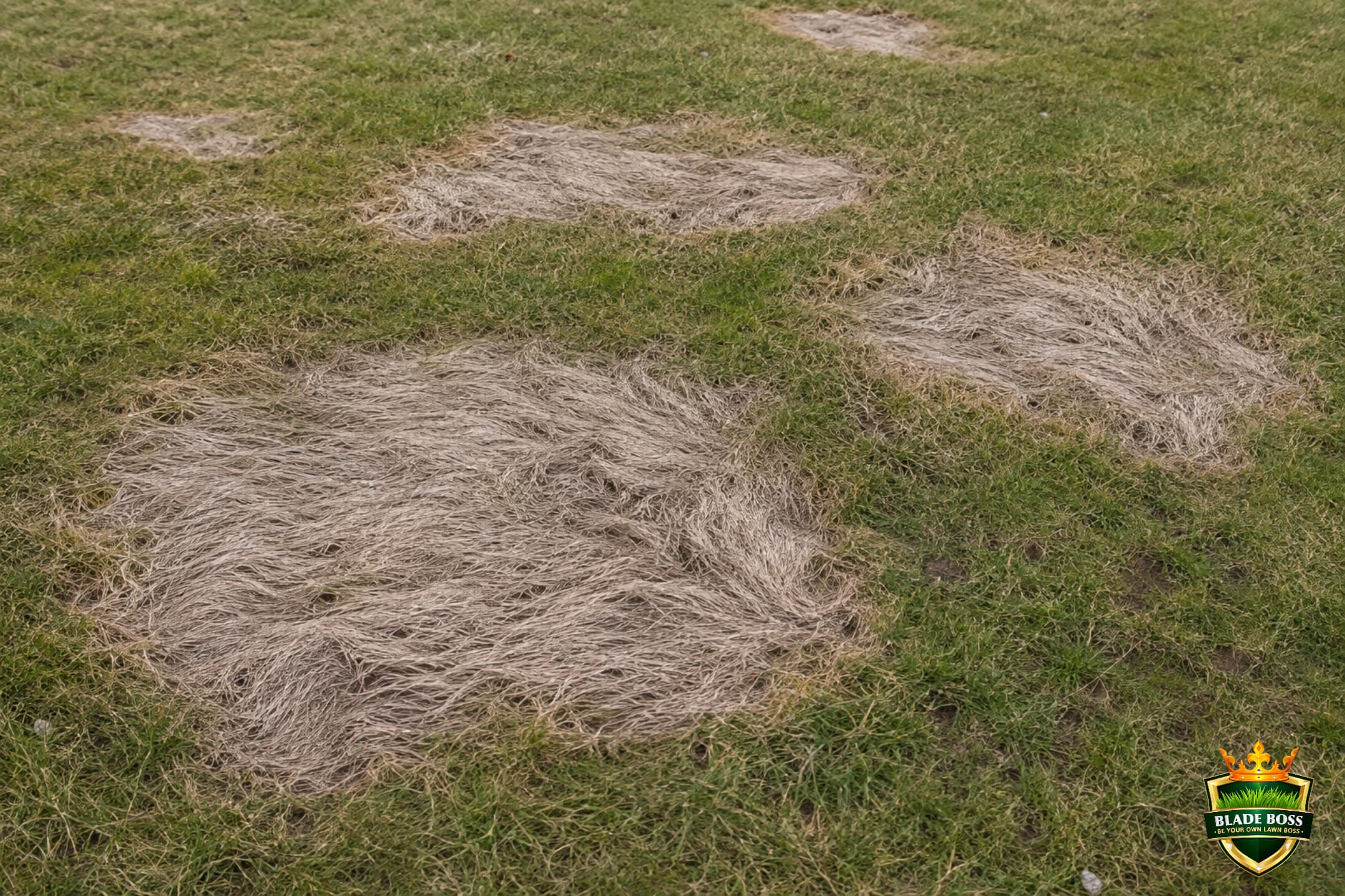 Irregular patches of snow mold on an early spring lawn, the grass matted flat with a bleached gray straw color against greening turf