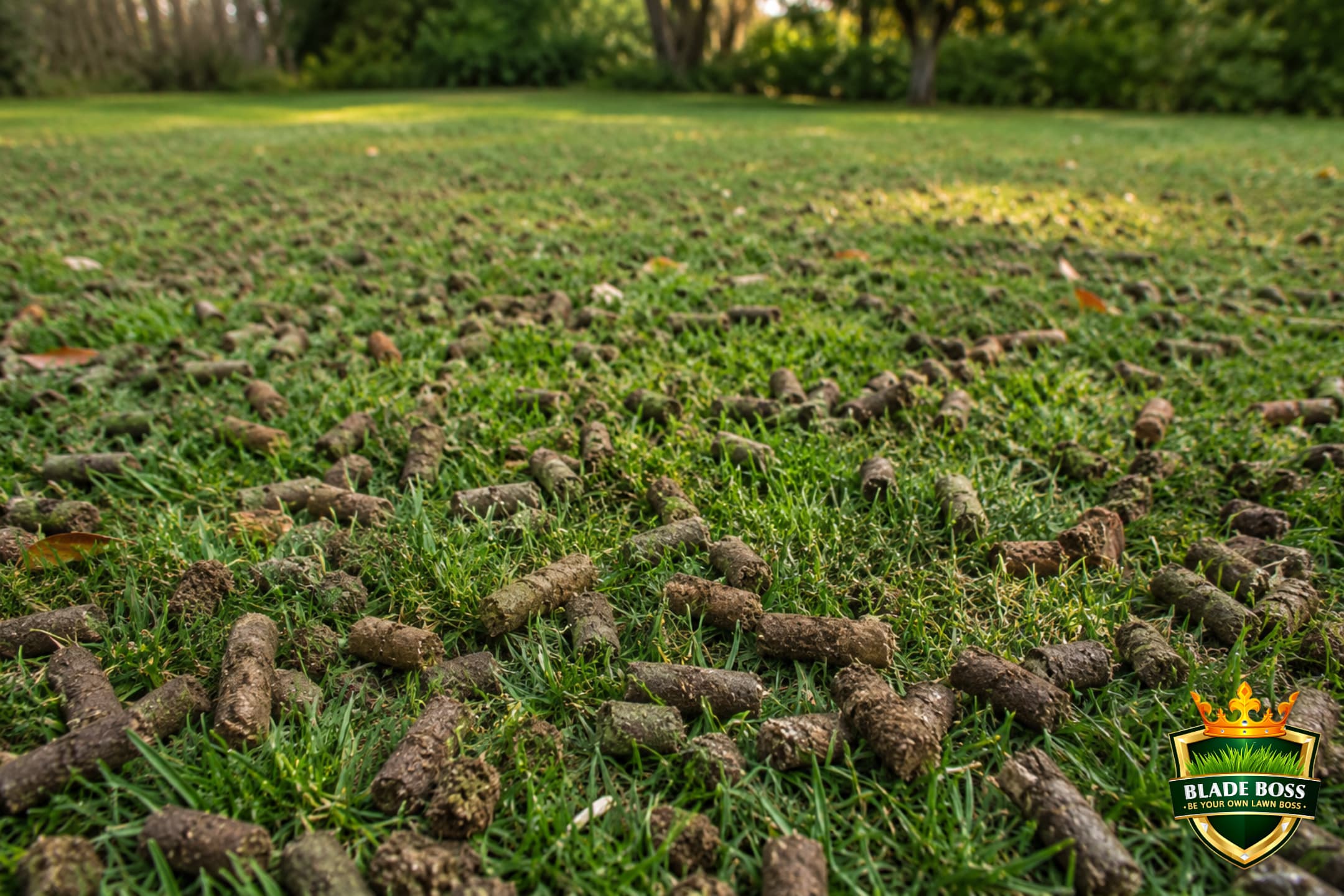 Dozens of brown cylindrical soil core plugs left lying on a green lawn after core aeration