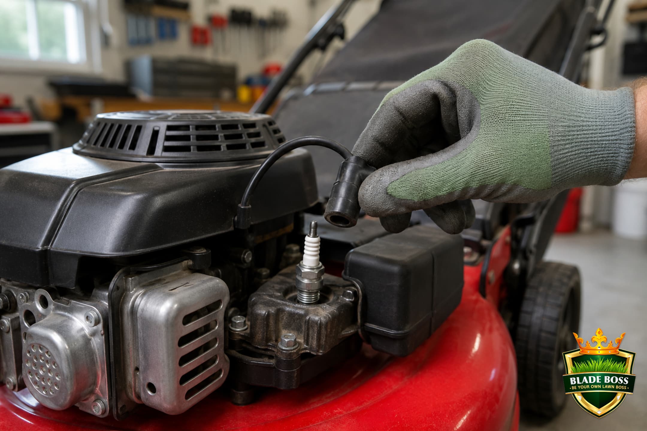 A gloved hand pulling the rubber spark plug boot off the spark plug of a walk-behind gas lawn mower engine