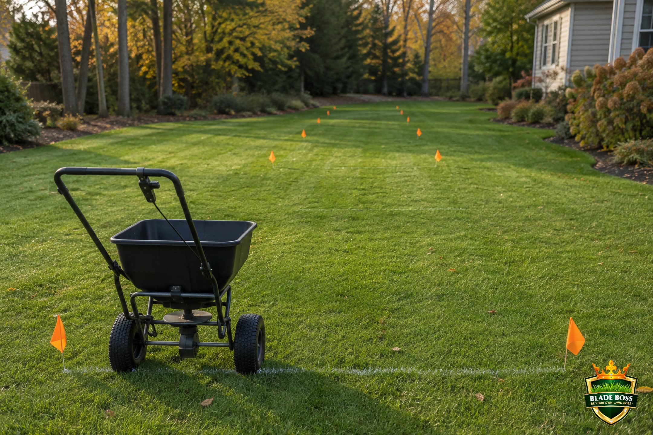 Broadcast spreader at the start of a marked calibration test strip on a lawn with flags at both ends