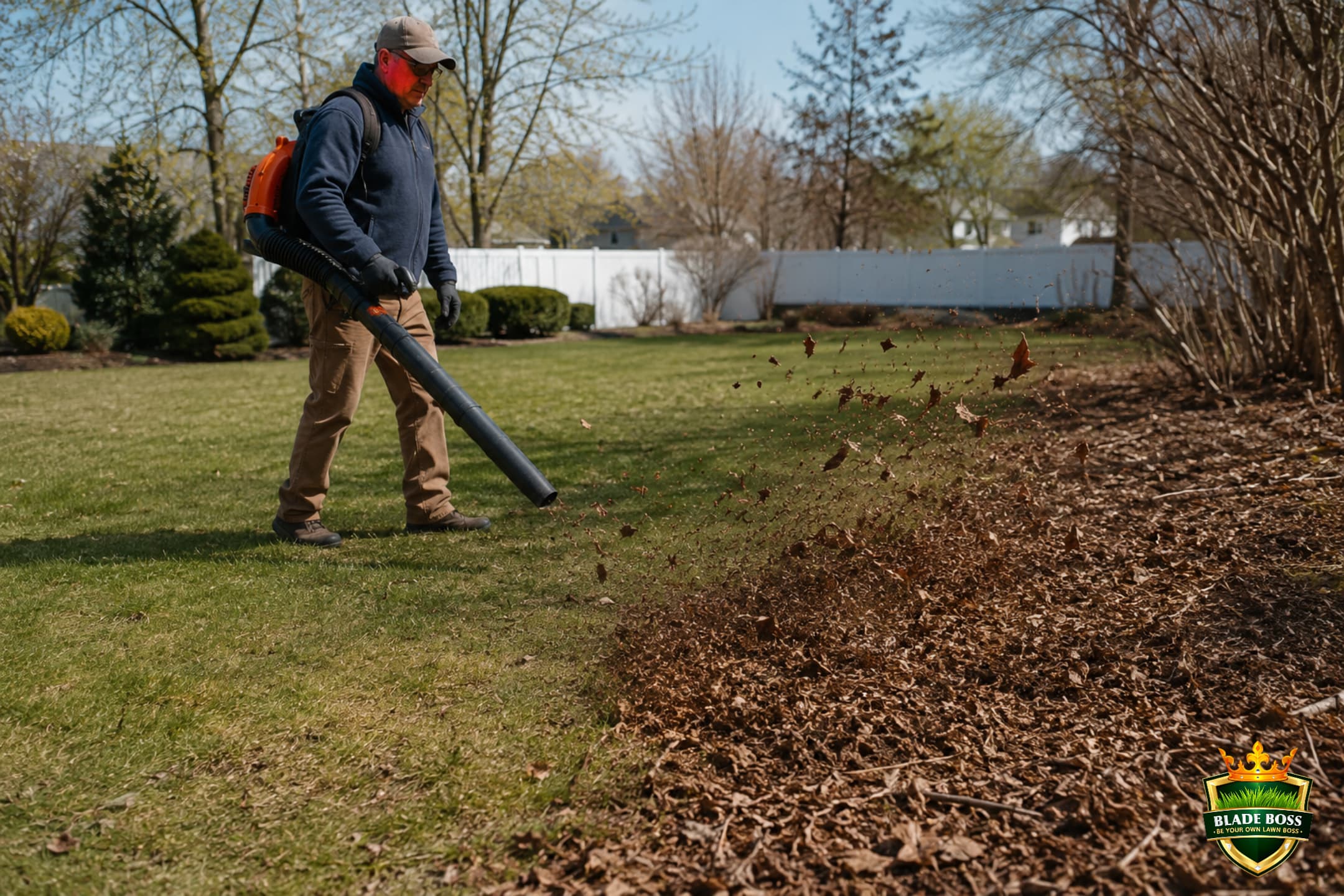 A person using a leaf blower to clear matted leaves and winter debris off an early spring lawn, revealing clean greening turf behind