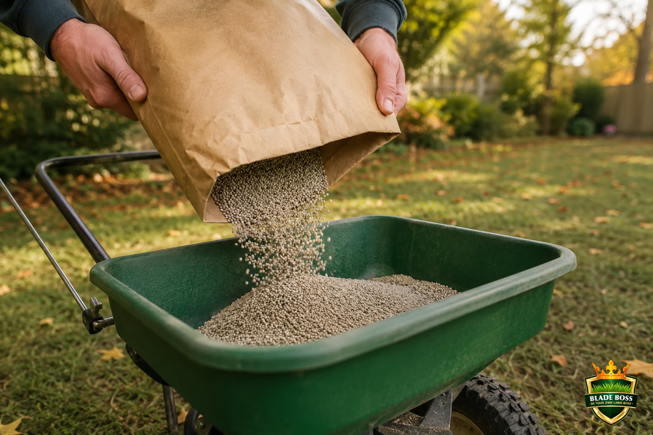 Granular starter fertilizer being poured into a broadcast spreader hopper on a freshly seeded lawn