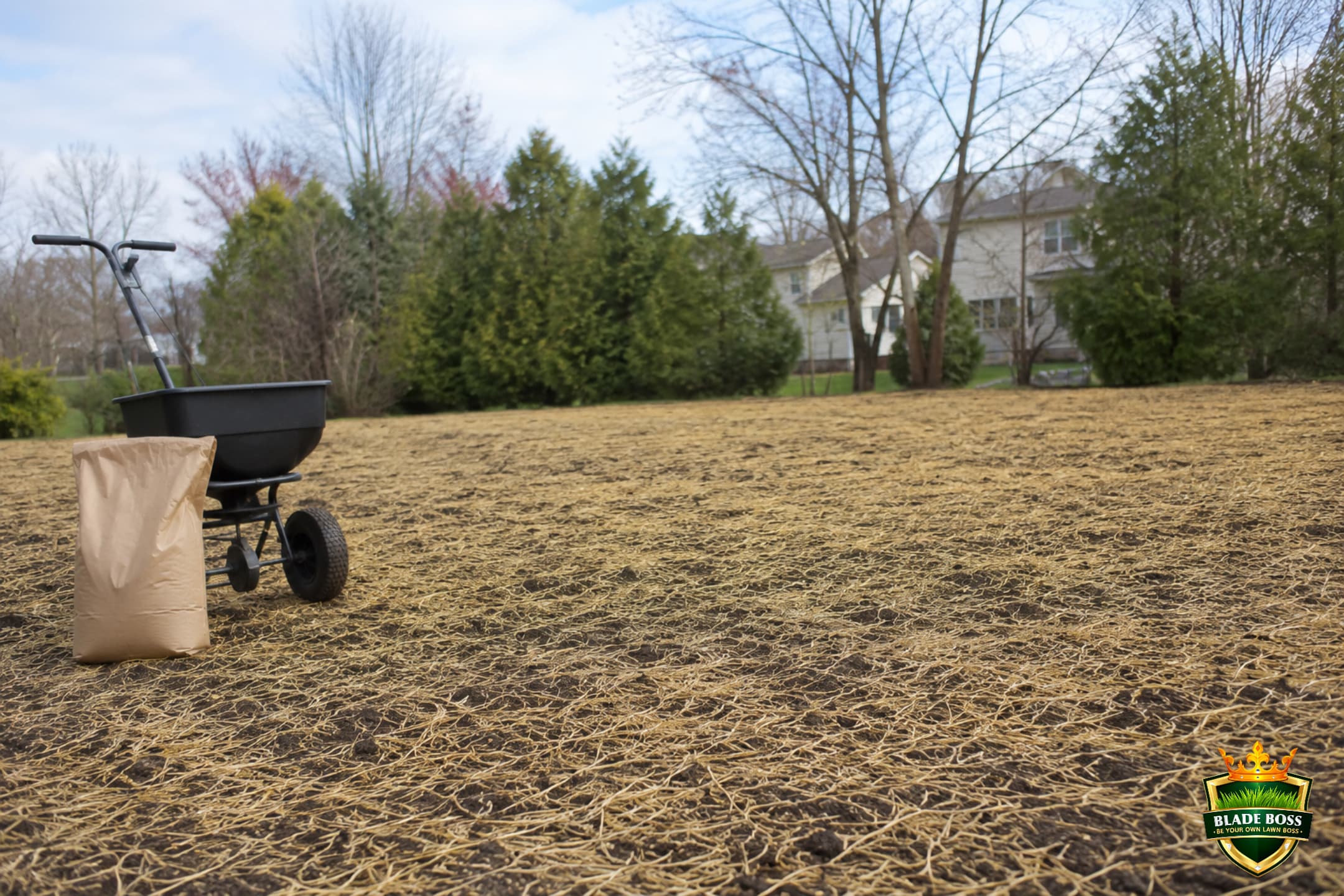 Freshly seeded bare soil covered with a light even layer of straw mulch with soil still visible through it, a spreader and starter fertilizer nearby