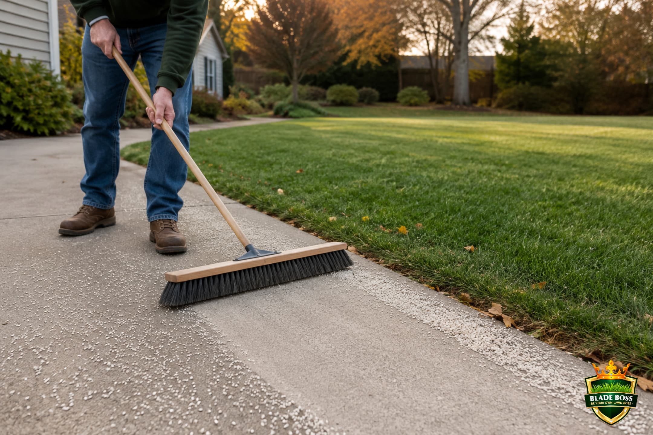 Person sweeping spilled fertilizer granules off a concrete driveway back onto the adjacent lawn