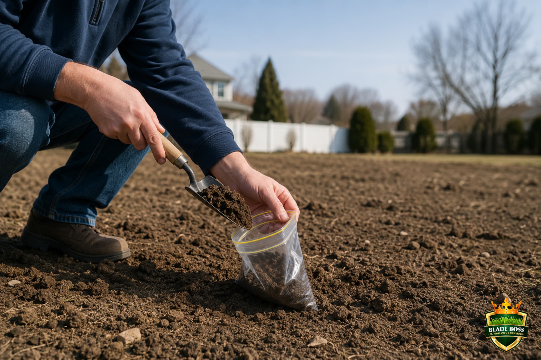 A person taking a soil sample from bare brown dirt with a probe, collecting soil into a bag for testing on a cleared future lawn area