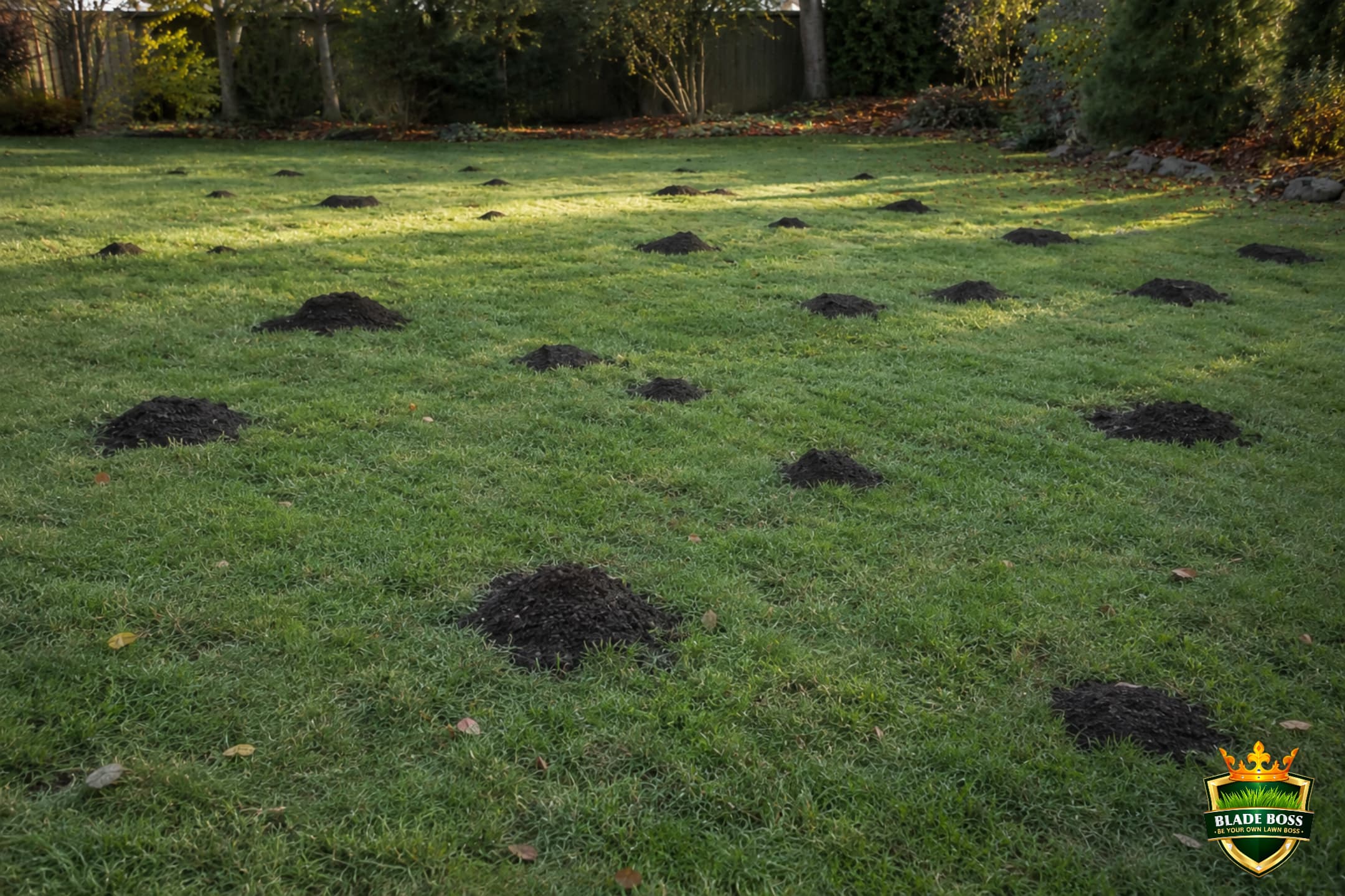 Small mounds of dark topdressing soil placed in an even grid pattern across a green lawn ready to be raked out