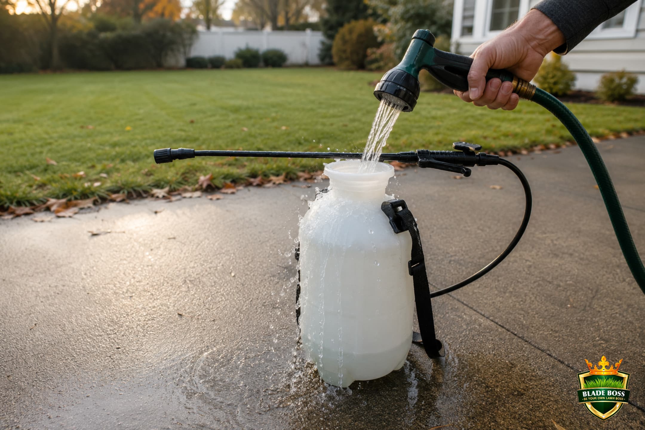 A pump sprayer being rinsed with a garden hose, clean water running through the empty tank after spraying