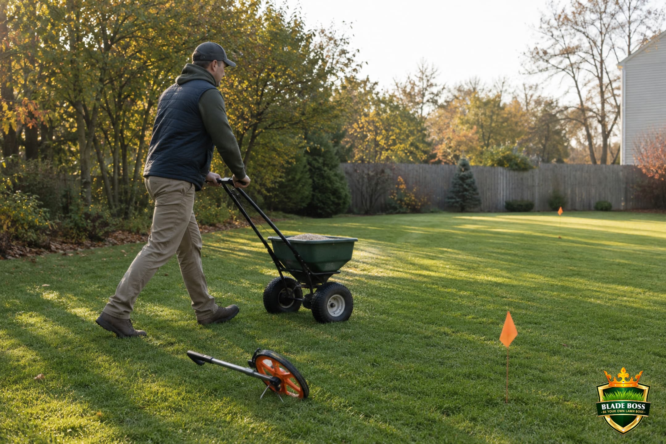 Person walking a broadcast spreader at a steady pace across a measured 100 foot course marked with flags