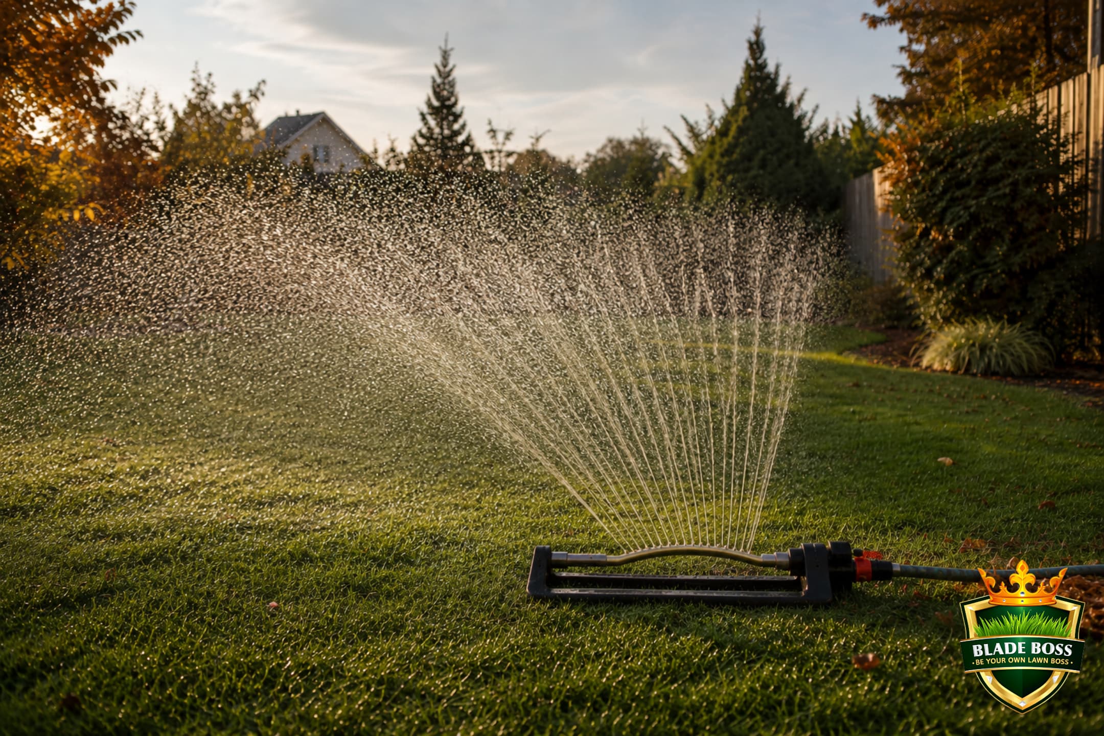 Lawn sprinkler watering a suburban lawn deeply one to two days before core aeration to soften the soil