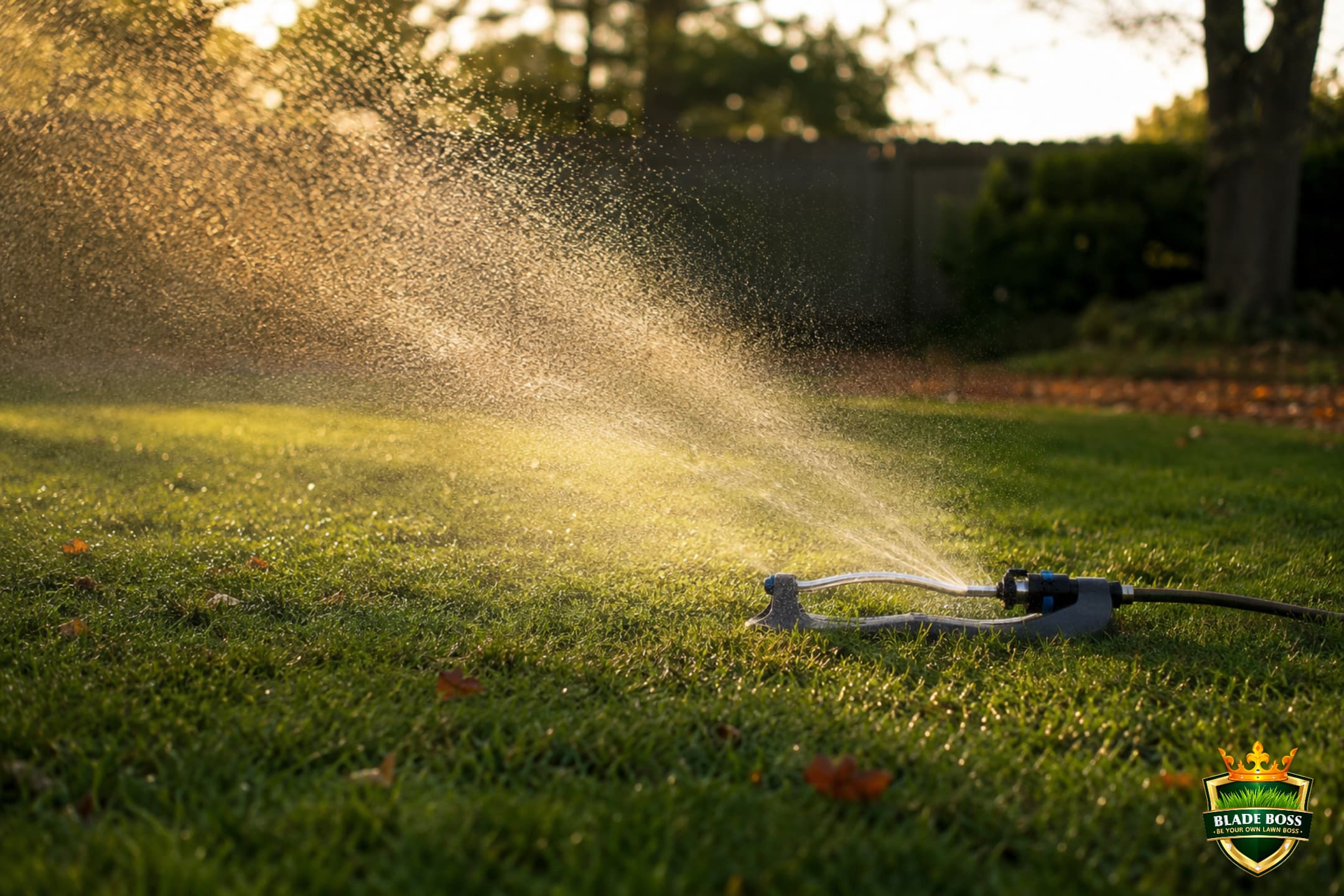 A freshly topdressed lawn being watered gently with a sprinkler to settle the soil into the grass