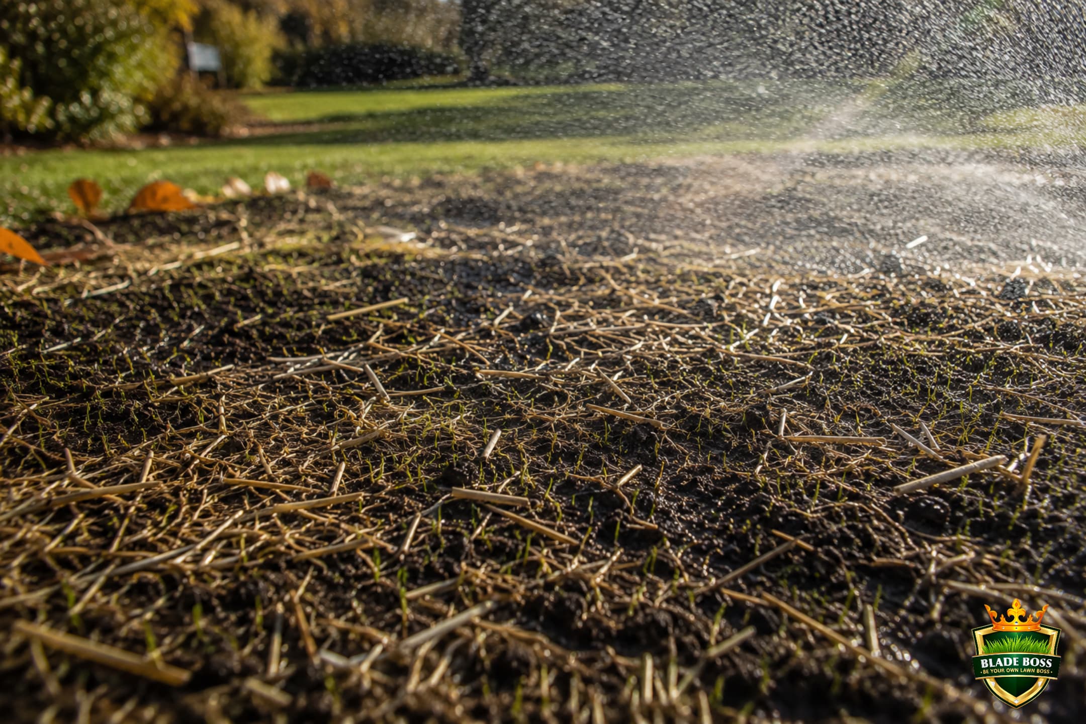 Fine spray of water landing on newly seeded lawn covered with thin straw seeding mulch as seedlings emerge
