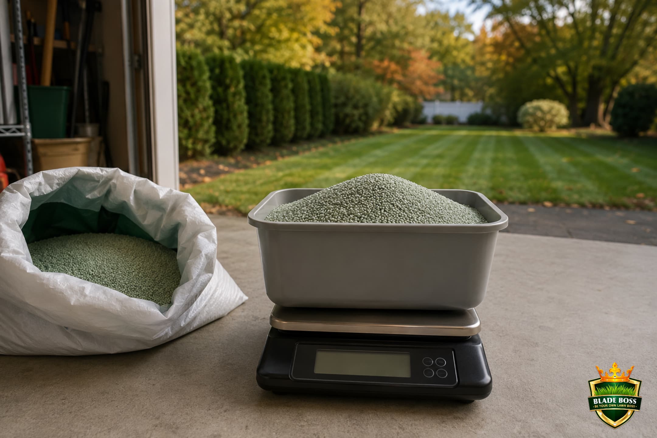 Granular fertilizer being weighed on a digital scale to load an exact amount for a spreader calibration test