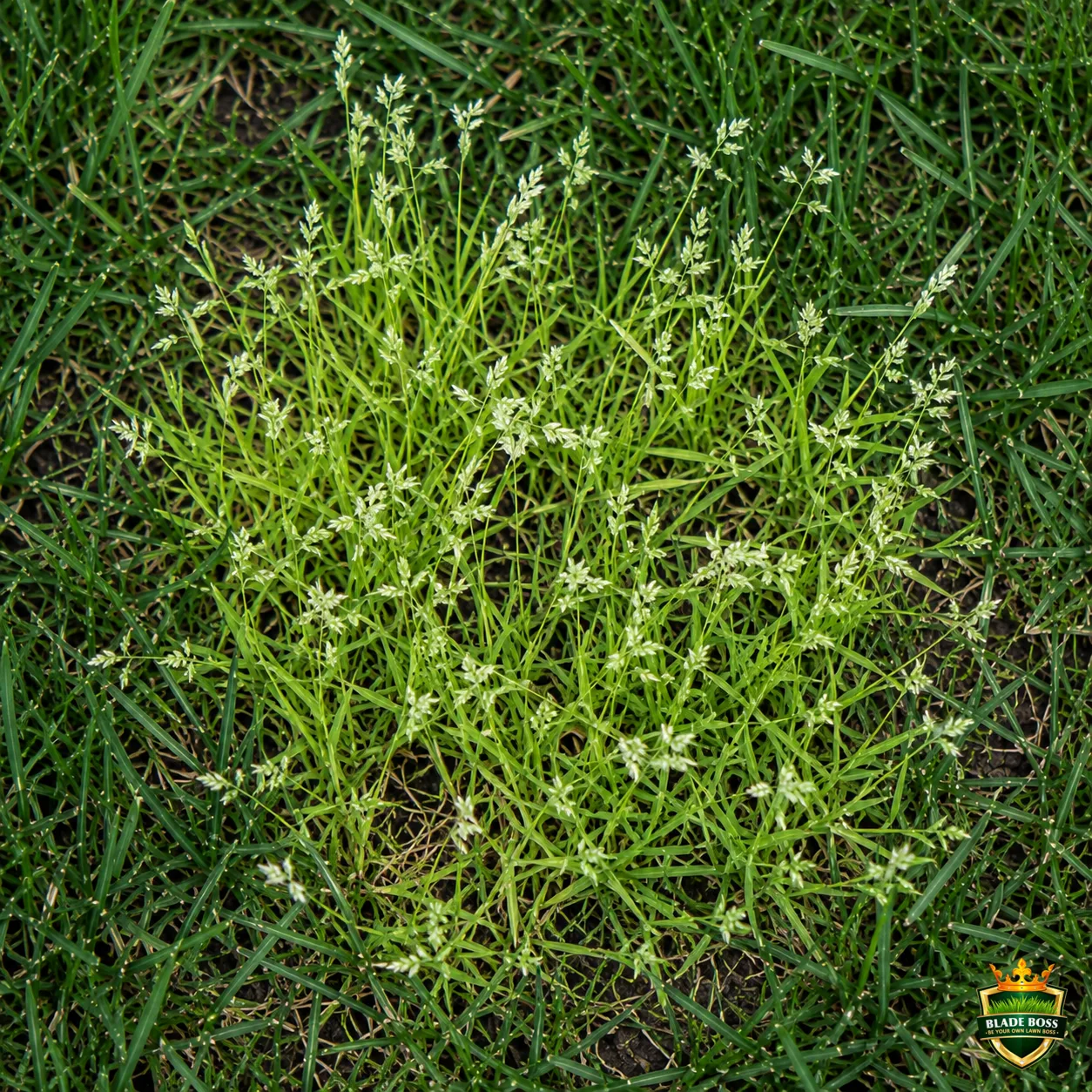 Annual Bluegrass (POA) weed identification photo, top-down view in a lawn