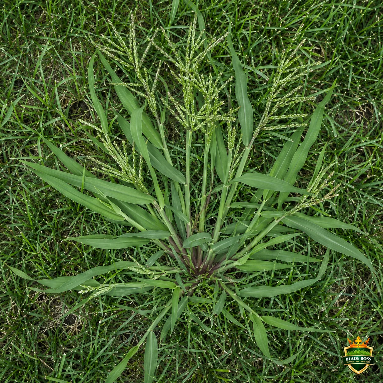 Barnyardgrass weed identification photo, top-down view in a lawn