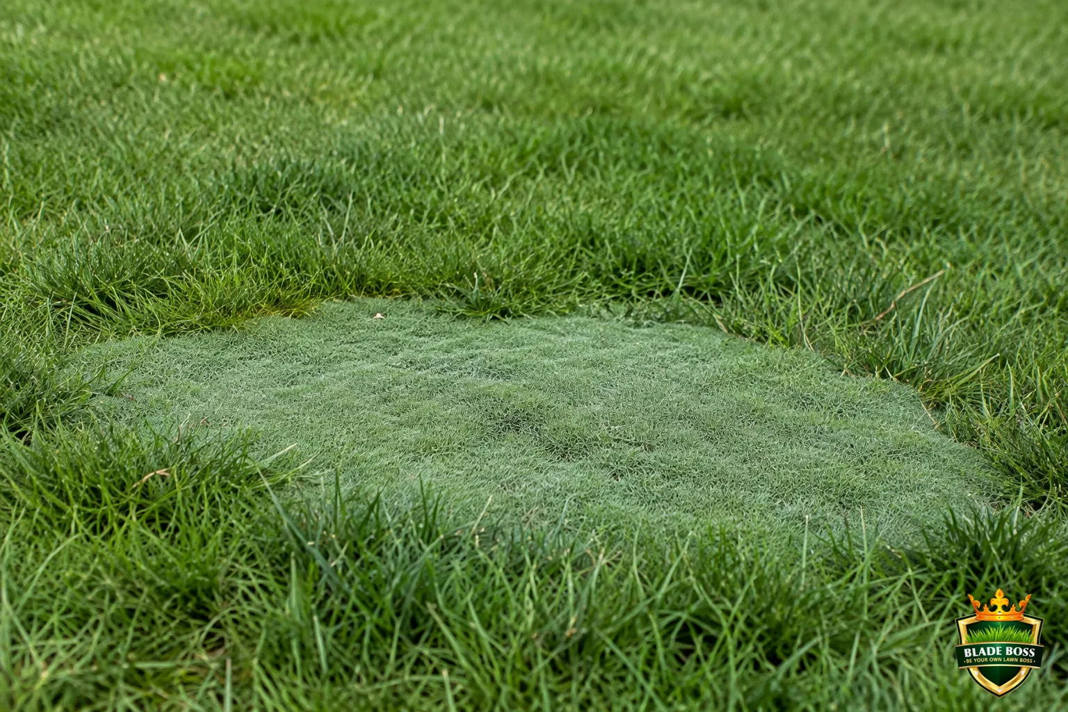 A close-up of a creeping bentgrass patch showing its puffy, spongy, light blue-green, very fine texture standing out against the coarser darker green surrounding lawn