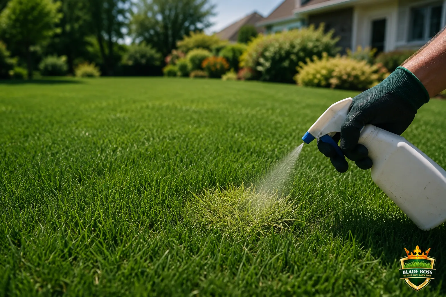 A healthy uniform green lawn the following season with one small bentgrass patch reappearing at the edge being spot-sprayed by a gloved hand