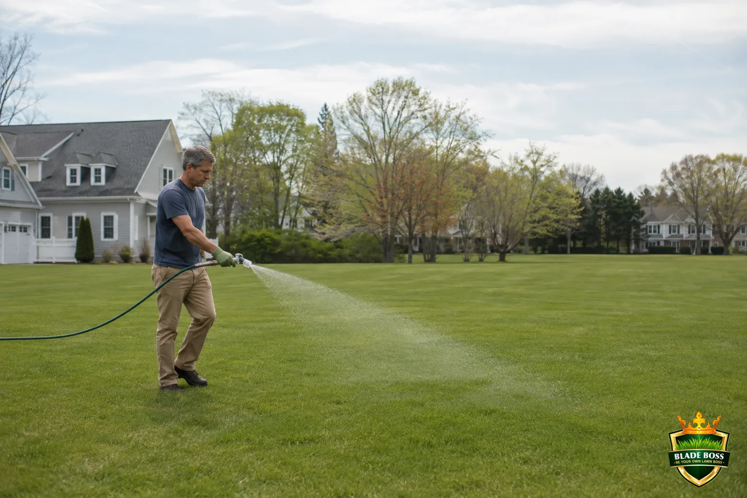A person walking across a lawn blanket-spraying with a hose-end sprayer in an even row, lightly coating the grass, well away from any garden beds, on a calm day