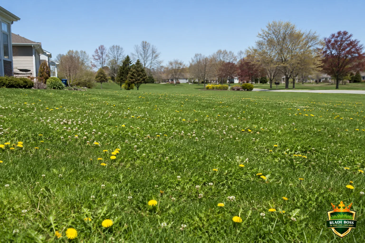 A suburban lawn dotted with broadleaf weeds, bright yellow dandelions and patches of white clover scattered through the green grass, on a calm clear day