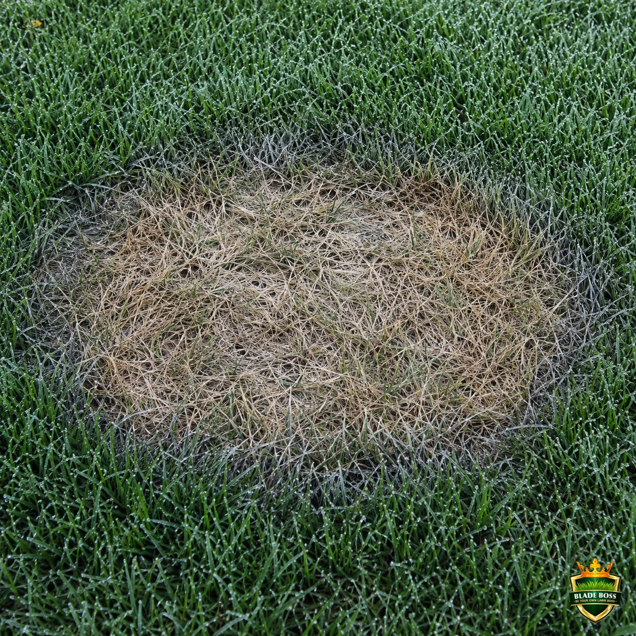 Brown Patch lawn disease identification photo, close-up in turf